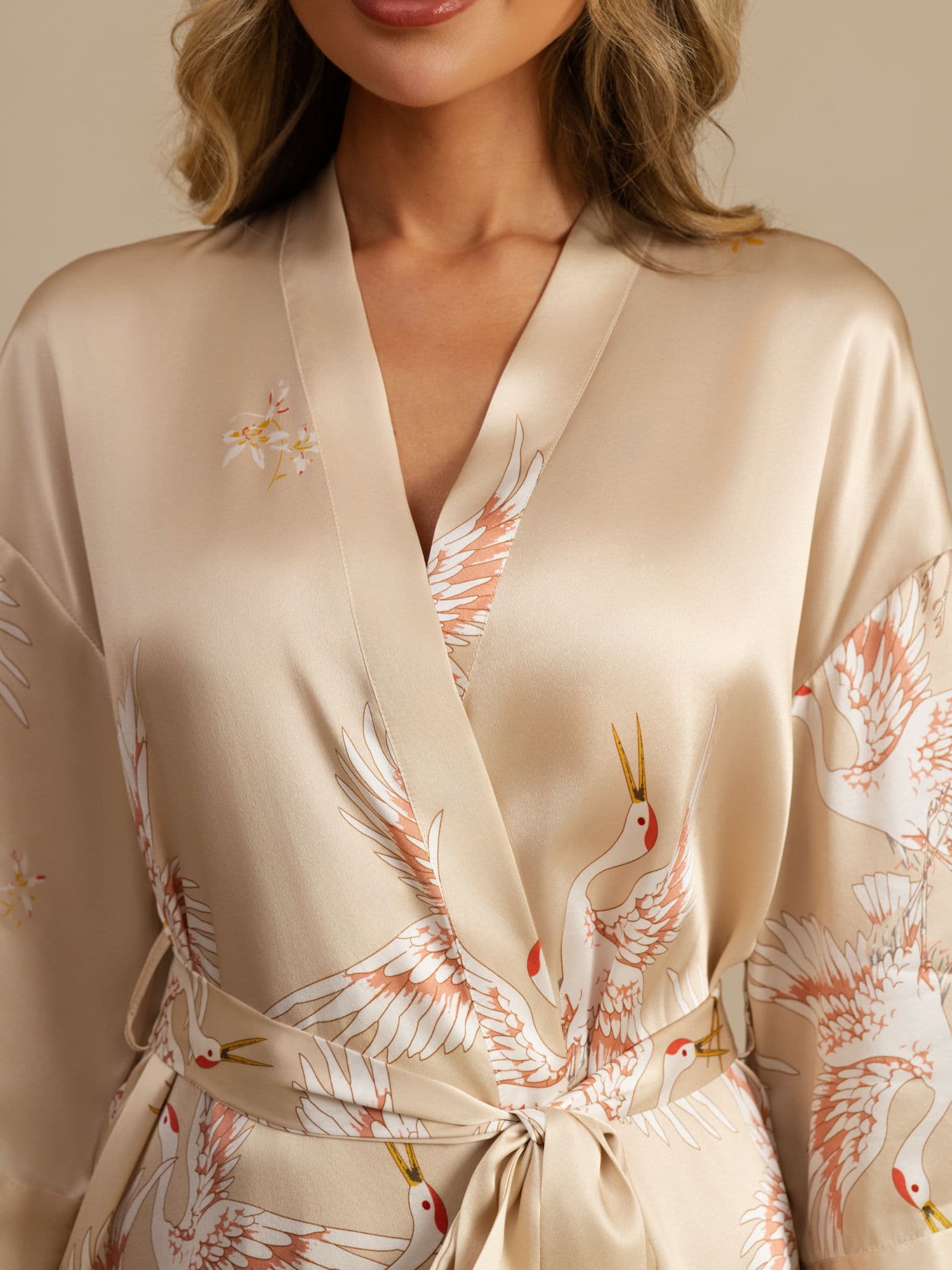 19Momme Ren Silke Krane Print Bælte Indpakning Kvinder Kimono Robe - Image 41