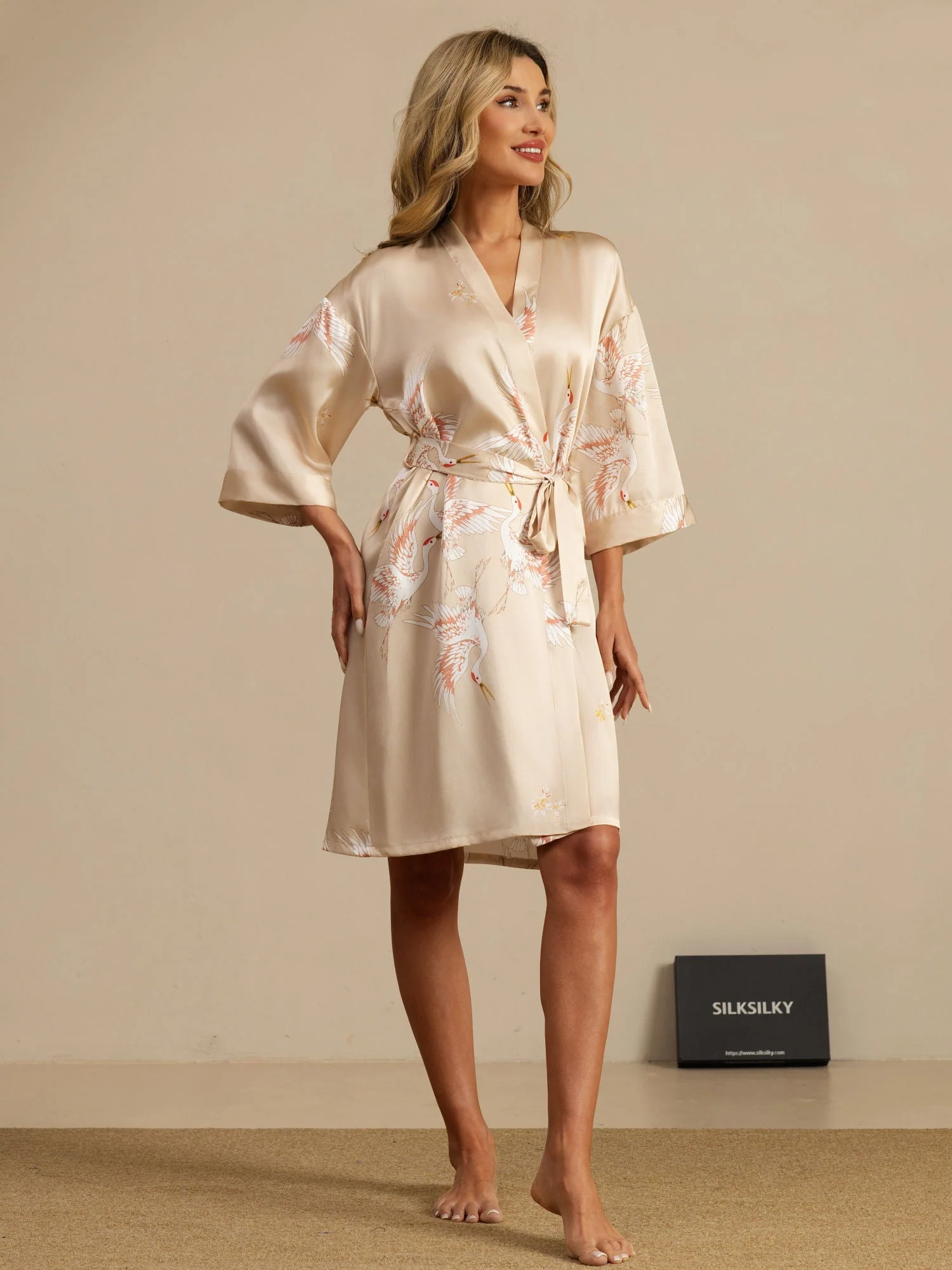 19Momme Ren Silke Krane Print Bælte Indpakning Kvinder Kimono Robe - Image 42