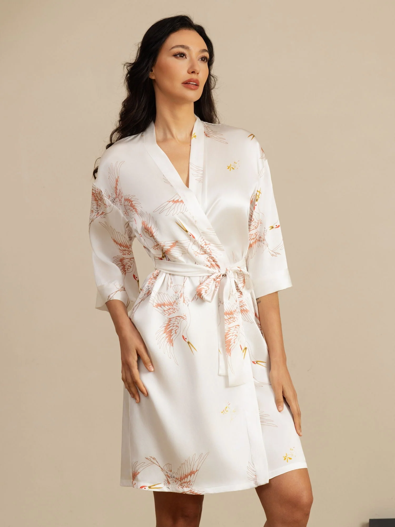 19Momme Ren Silke Krane Print Bælte Indpakning Kvinder Kimono Robe - Image 44