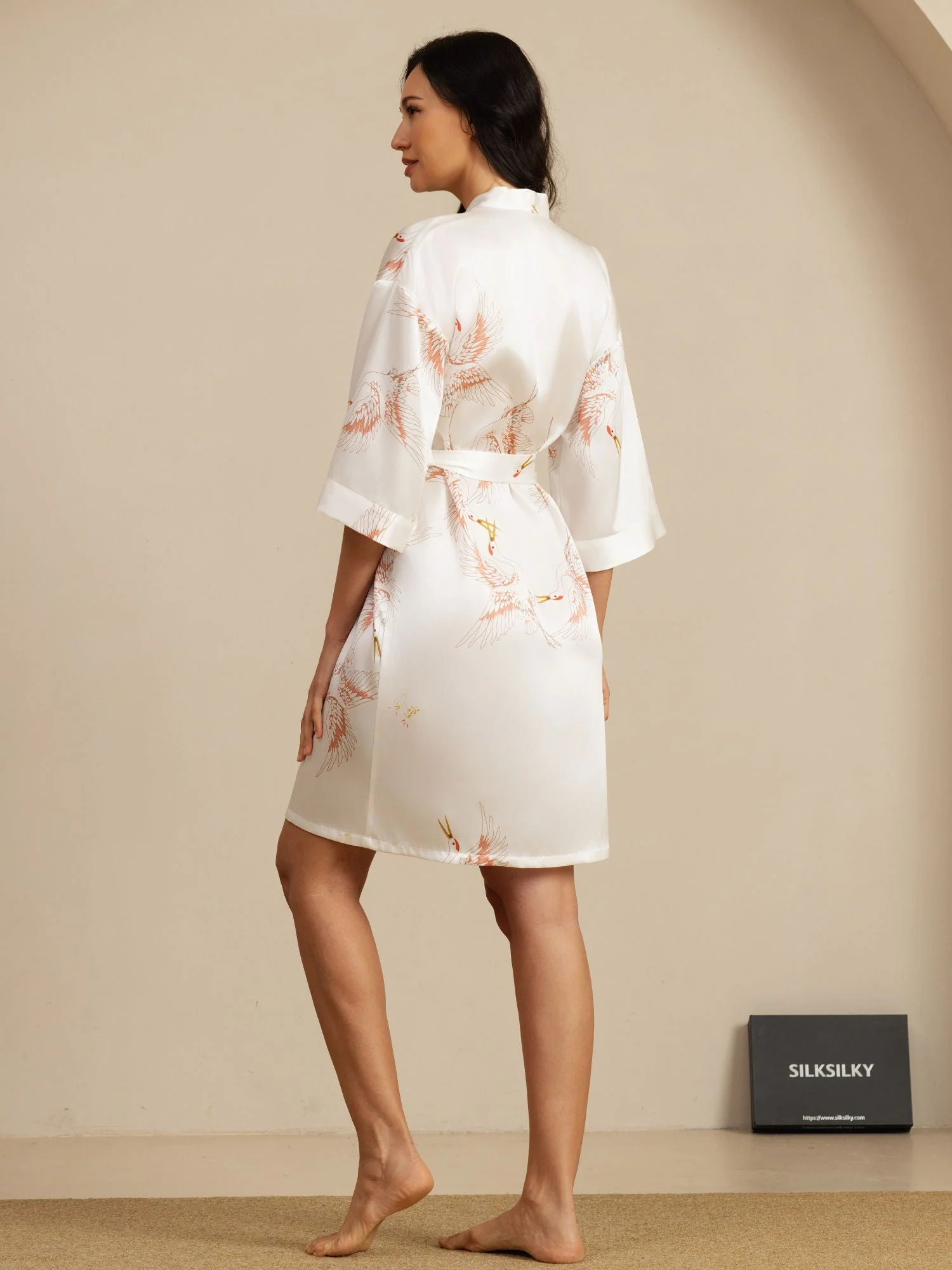 19Momme Ren Silke Krane Print Bælte Indpakning Kvinder Kimono Robe - Image 45
