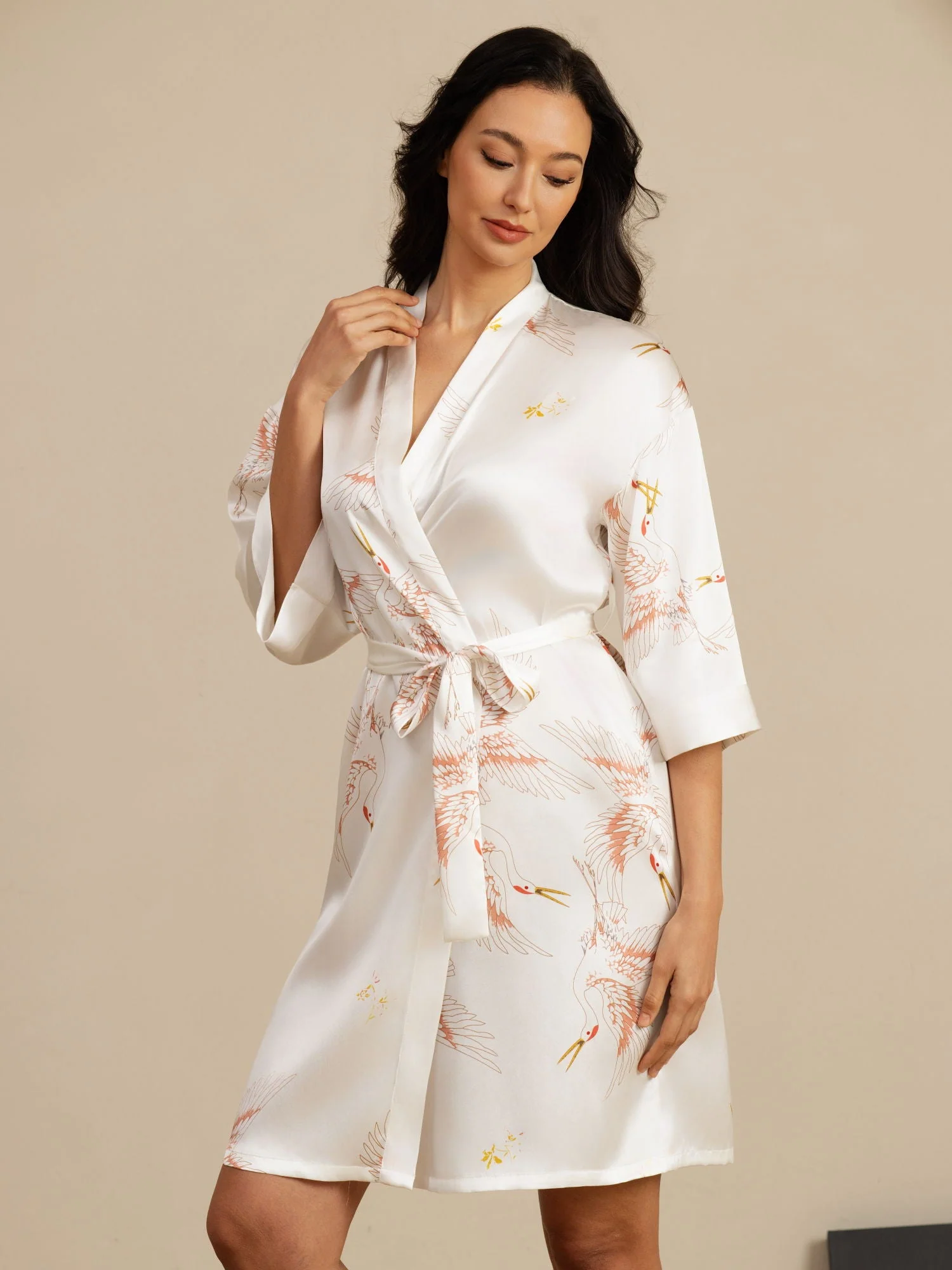 19Momme Ren Silke Krane Print Bælte Indpakning Kvinder Kimono Robe - Image 46