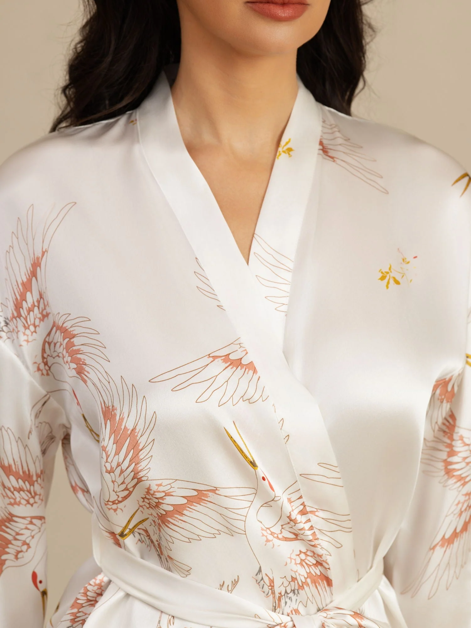 19Momme Ren Silke Krane Print Bælte Indpakning Kvinder Kimono Robe - Image 47