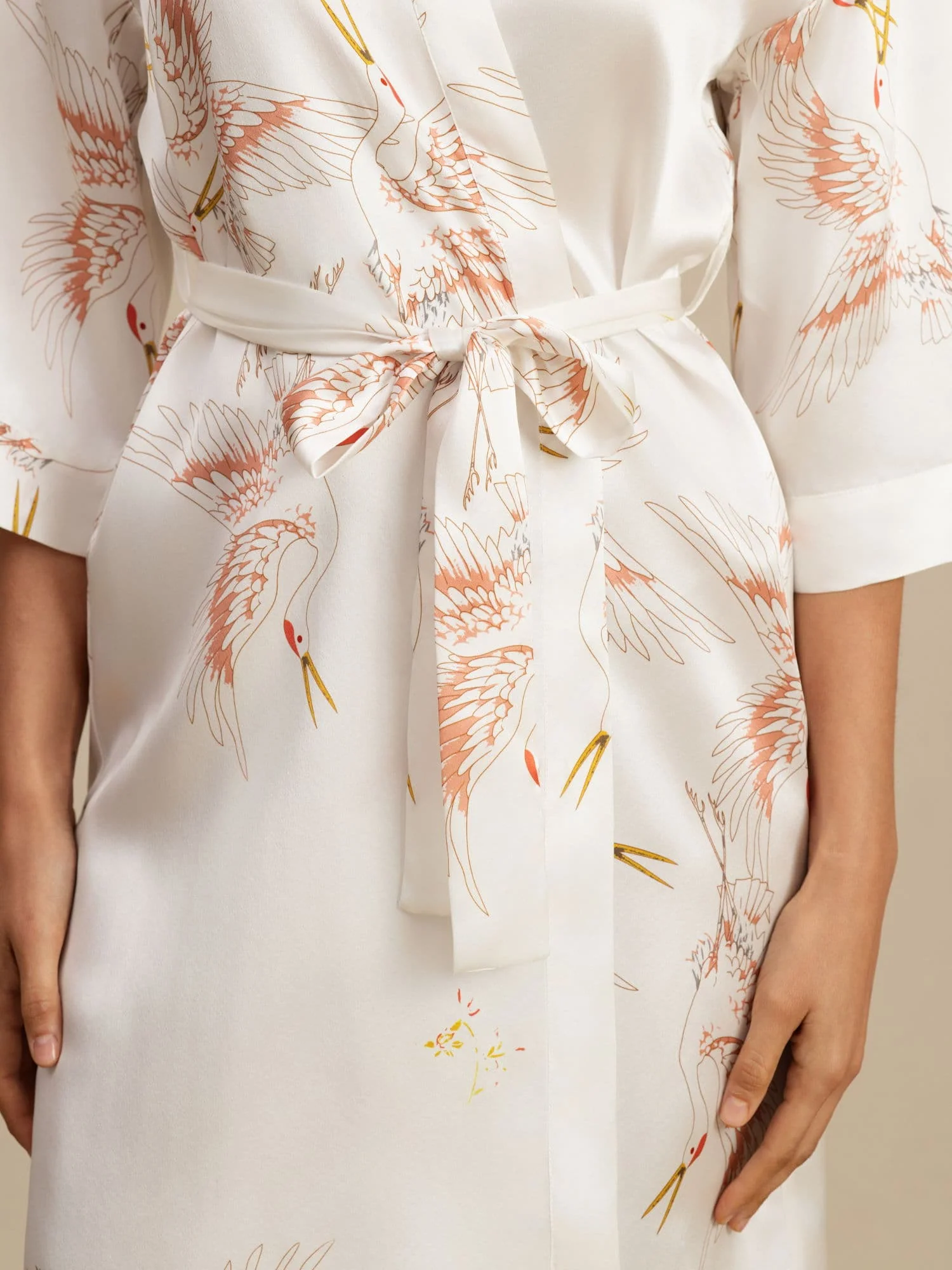 19Momme Ren Silke Krane Print Bælte Indpakning Kvinder Kimono Robe - Image 48