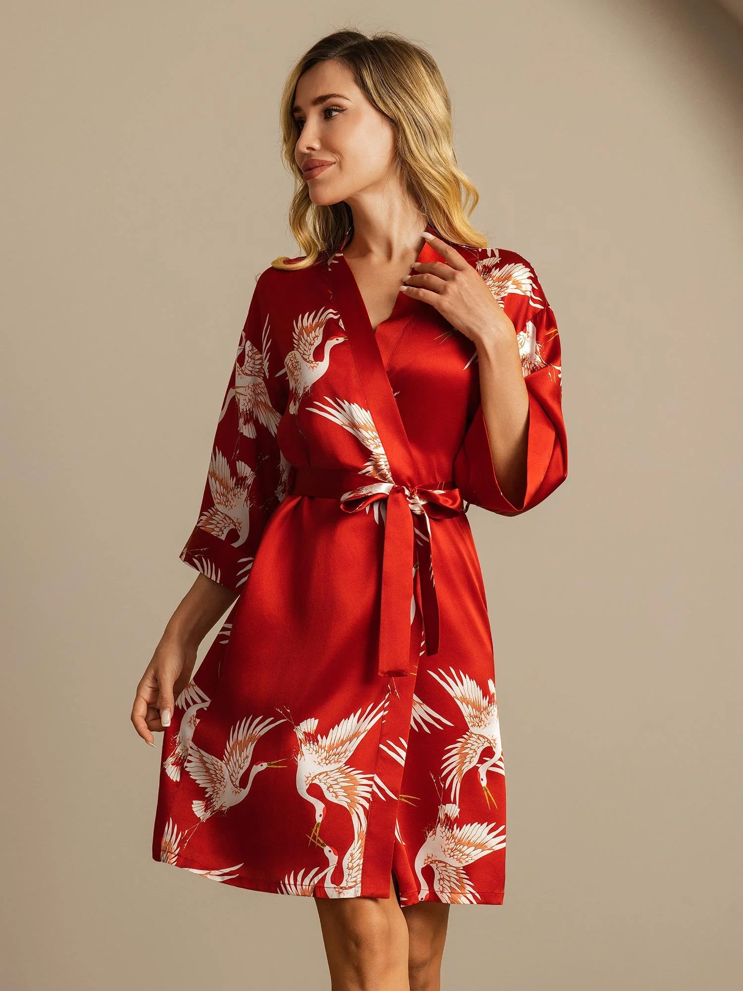 19Momme Ren Silke Krane Print Bælte Indpakning Kvinder Kimono Robe - Image 6