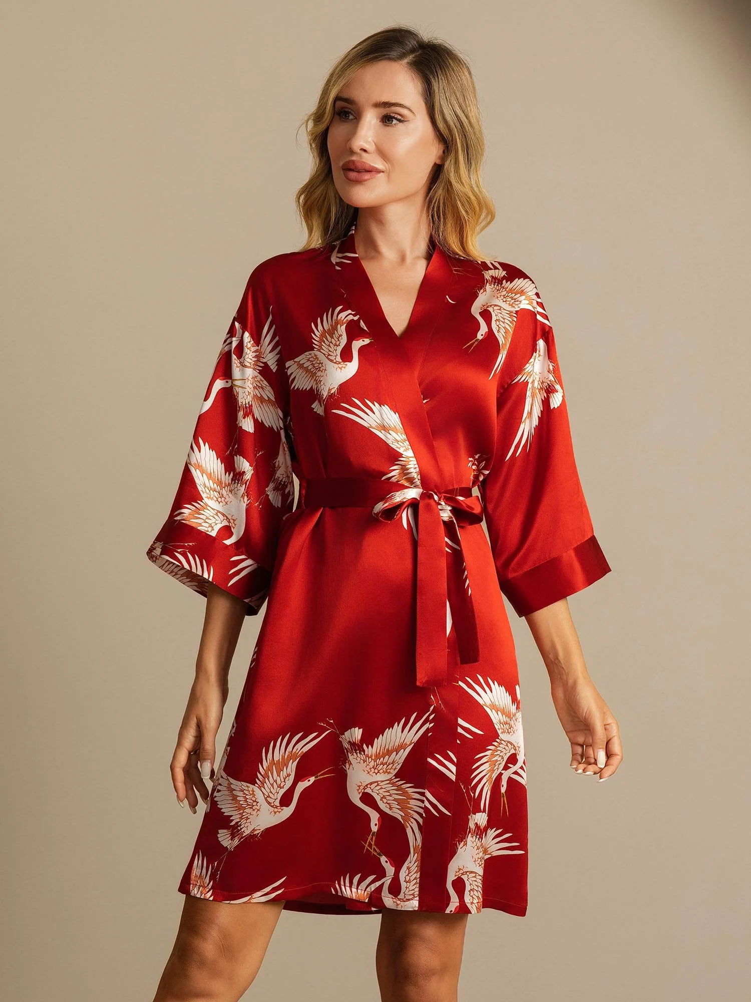 19Momme Ren Silke Krane Print Bælte Indpakning Kvinder Kimono Robe - Image 7