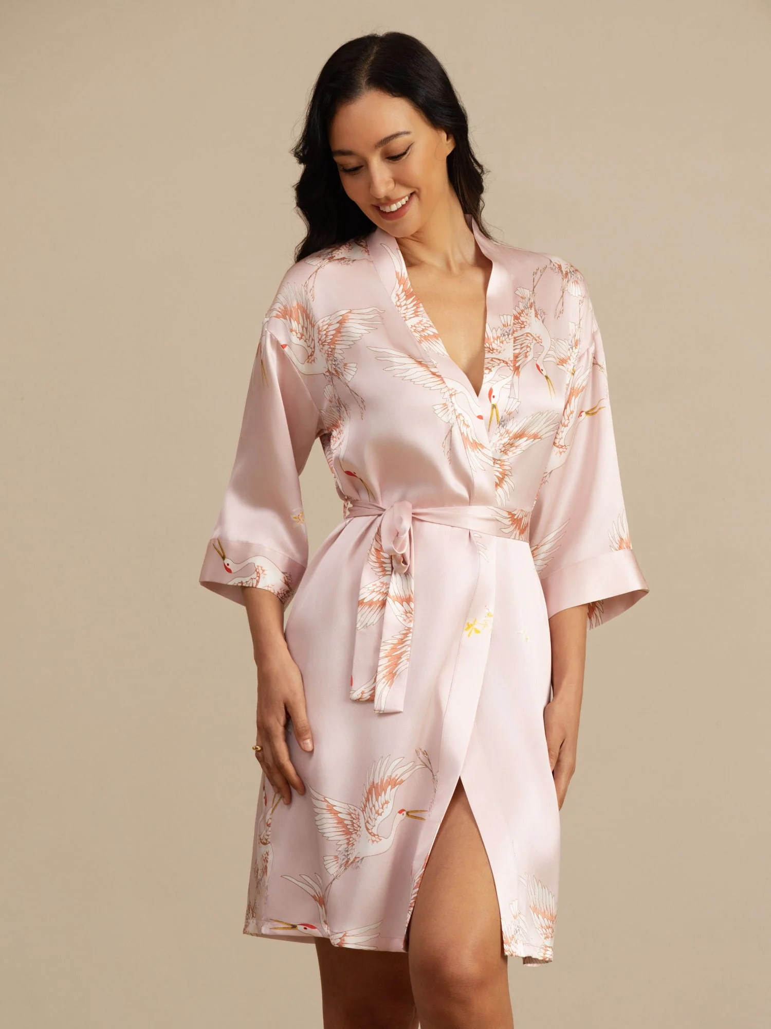 19Momme Ren Silke Krane Print Bælte Indpakning Kvinder Kimono Robe - Image 9