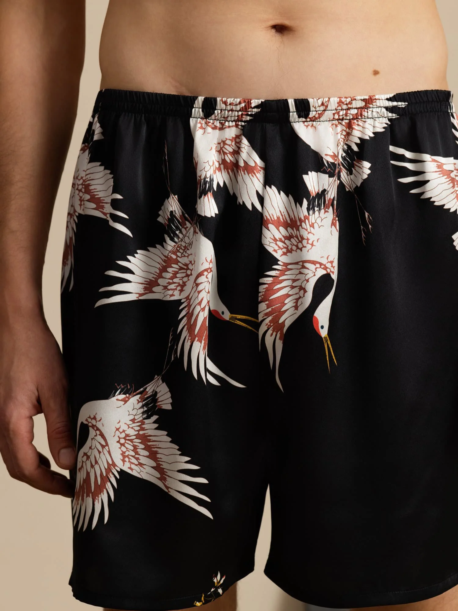 19Momme Ren Silke Herre Søvnshorts Krane Tryk Elastisk Talje - Image 11