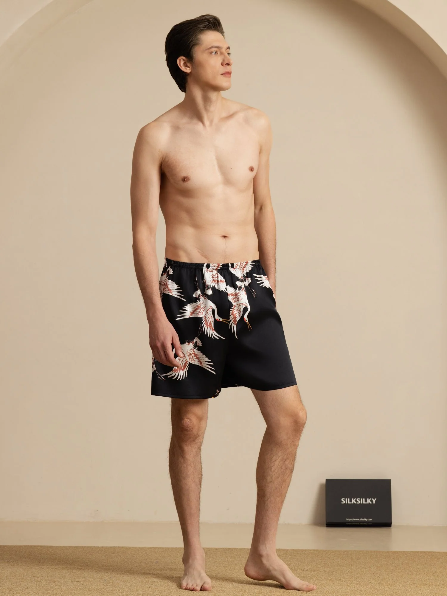 19Momme Ren Silke Herre Søvnshorts Krane Tryk Elastisk Talje - Image 12