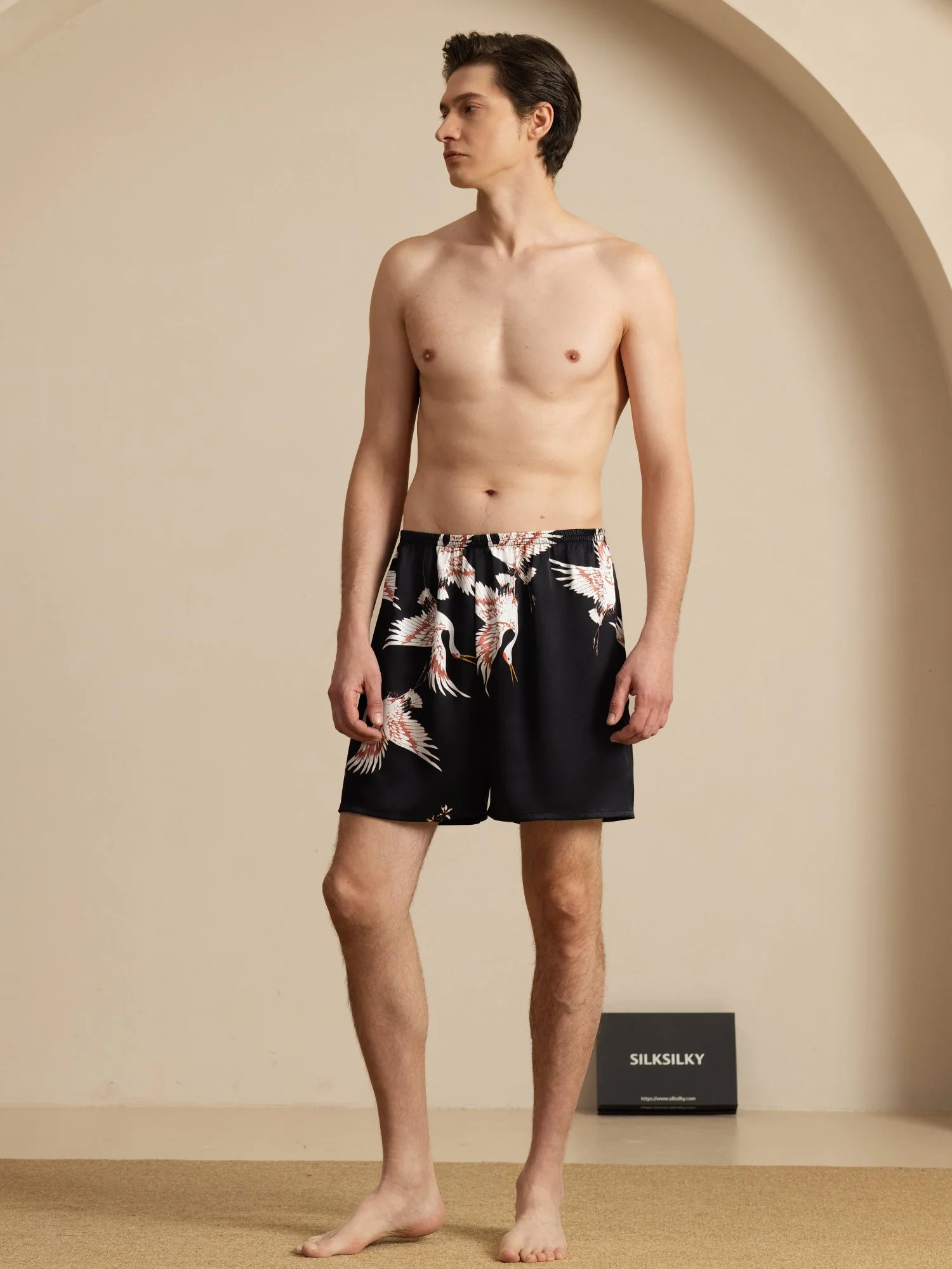 19Momme Ren Silke Herre Søvnshorts Krane Tryk Elastisk Talje - Image 13