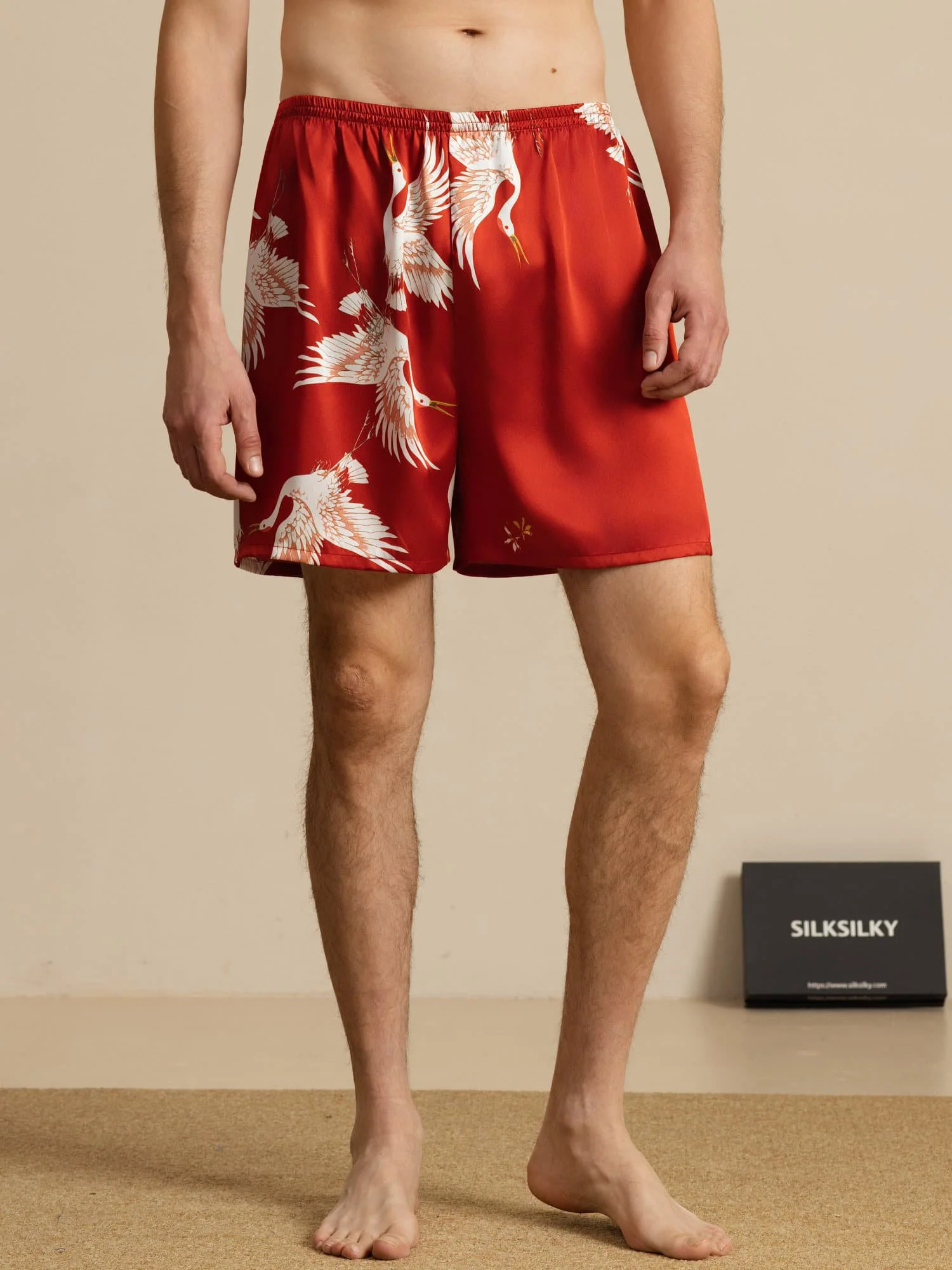19Momme Ren Silke Herre Søvnshorts Krane Tryk Elastisk Talje - Image 14