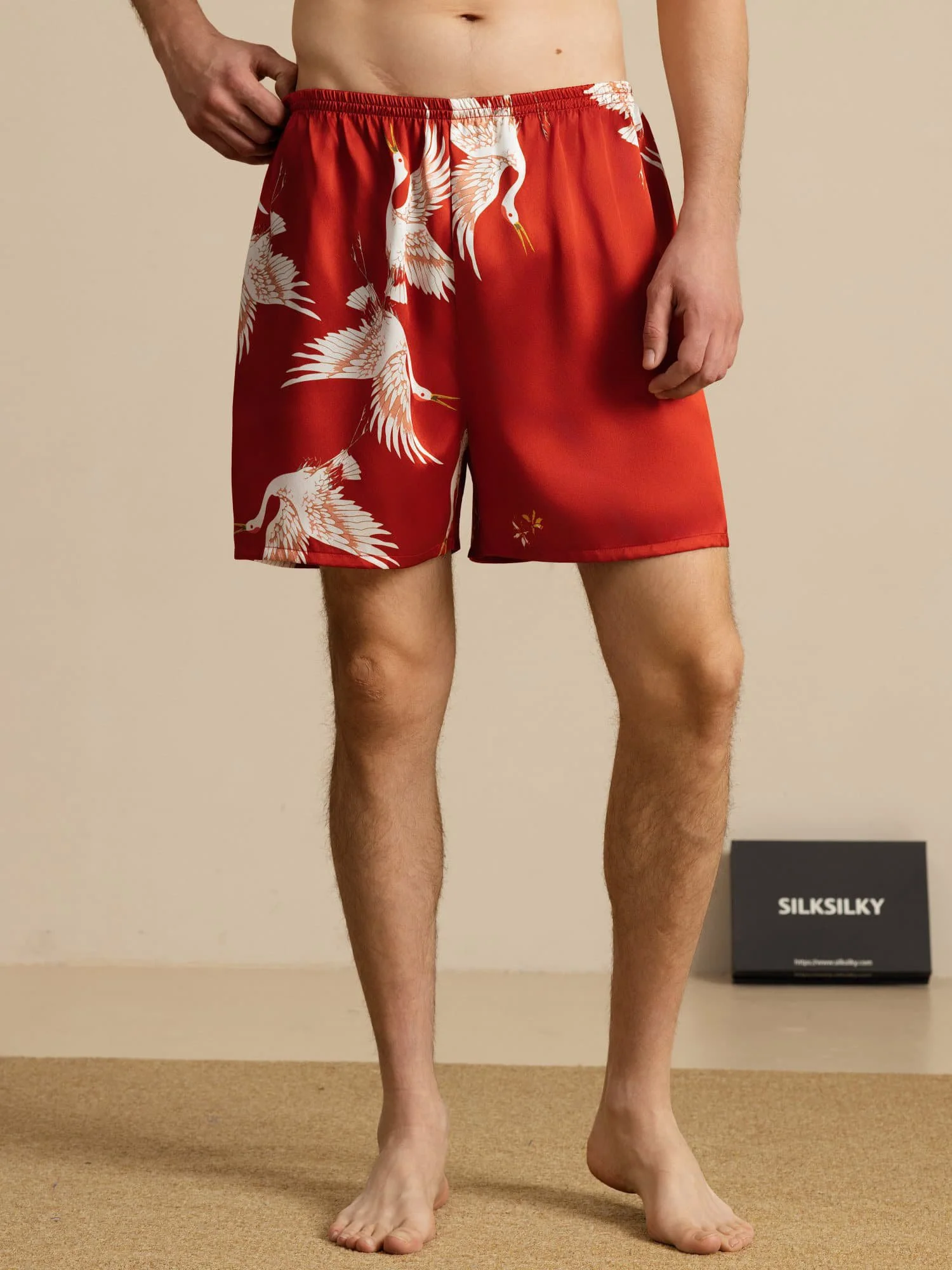 19Momme Ren Silke Herre Søvnshorts Krane Tryk Elastisk Talje - Image 16