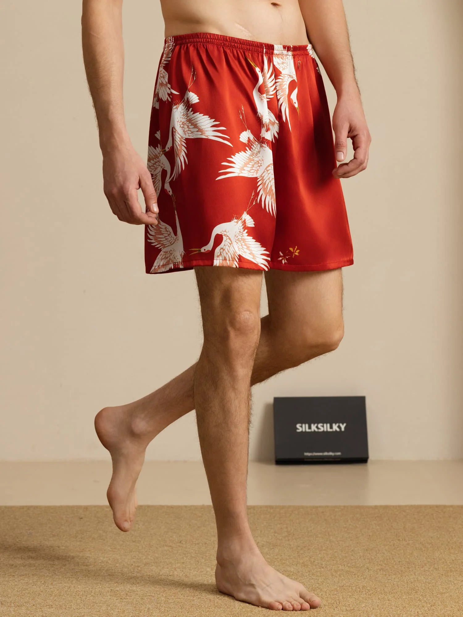 19Momme Ren Silke Herre Søvnshorts Krane Tryk Elastisk Talje - Image 17