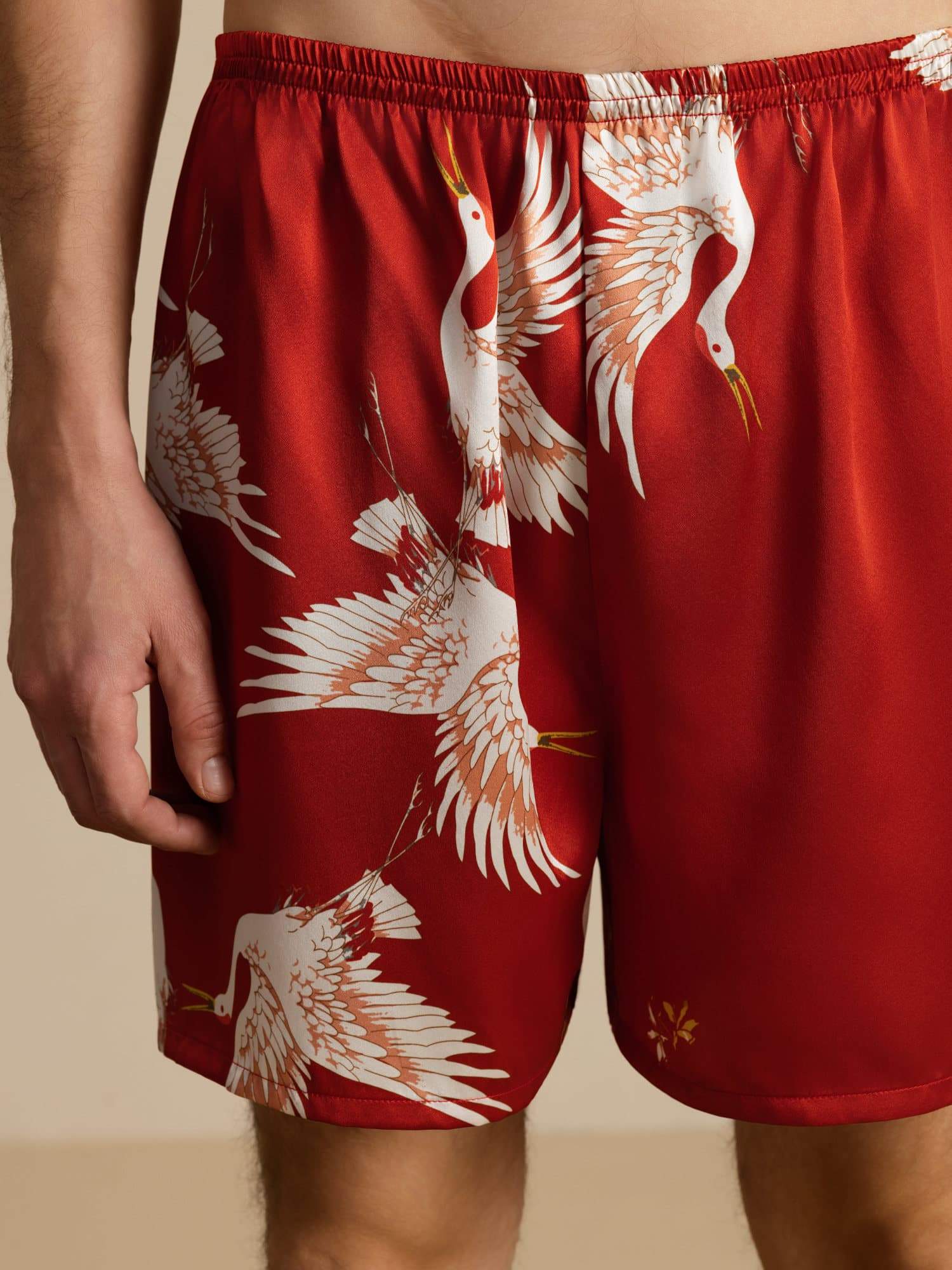 19Momme Ren Silke Herre Søvnshorts Krane Tryk Elastisk Talje - Image 18