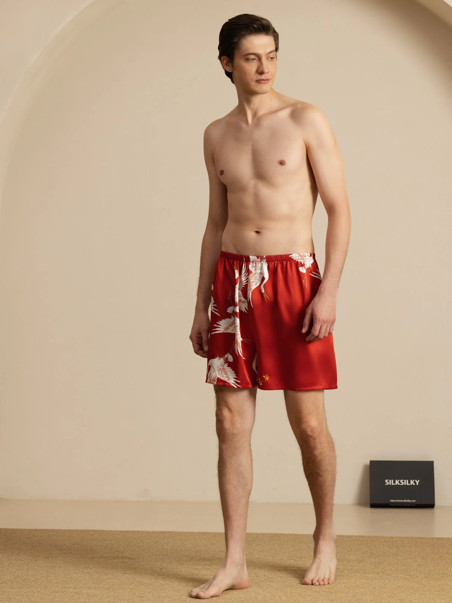 19Momme Ren Silke Herre Søvnshorts Krane Tryk Elastisk Talje - Image 19