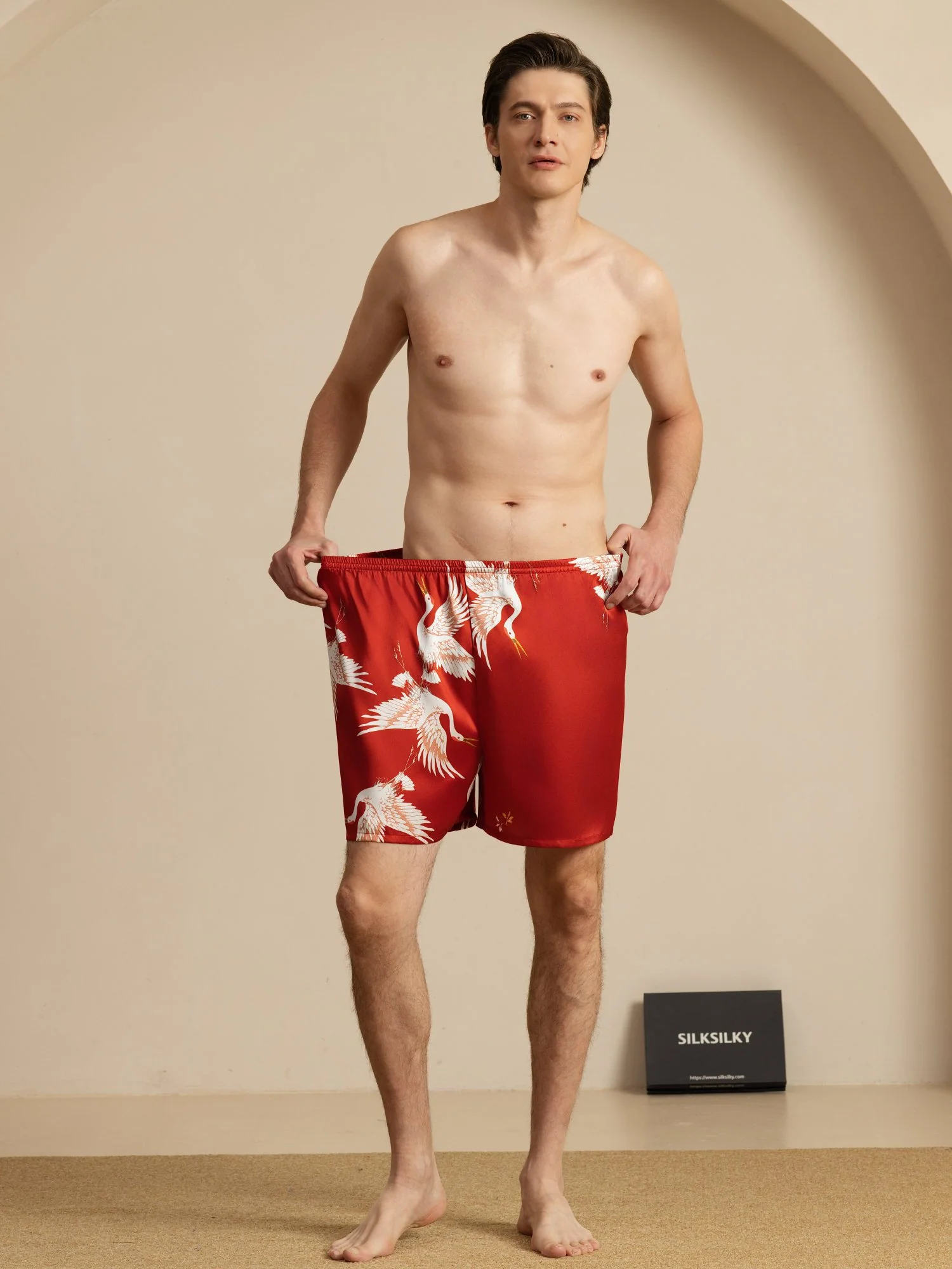19Momme Ren Silke Herre Søvnshorts Krane Tryk Elastisk Talje - Image 20