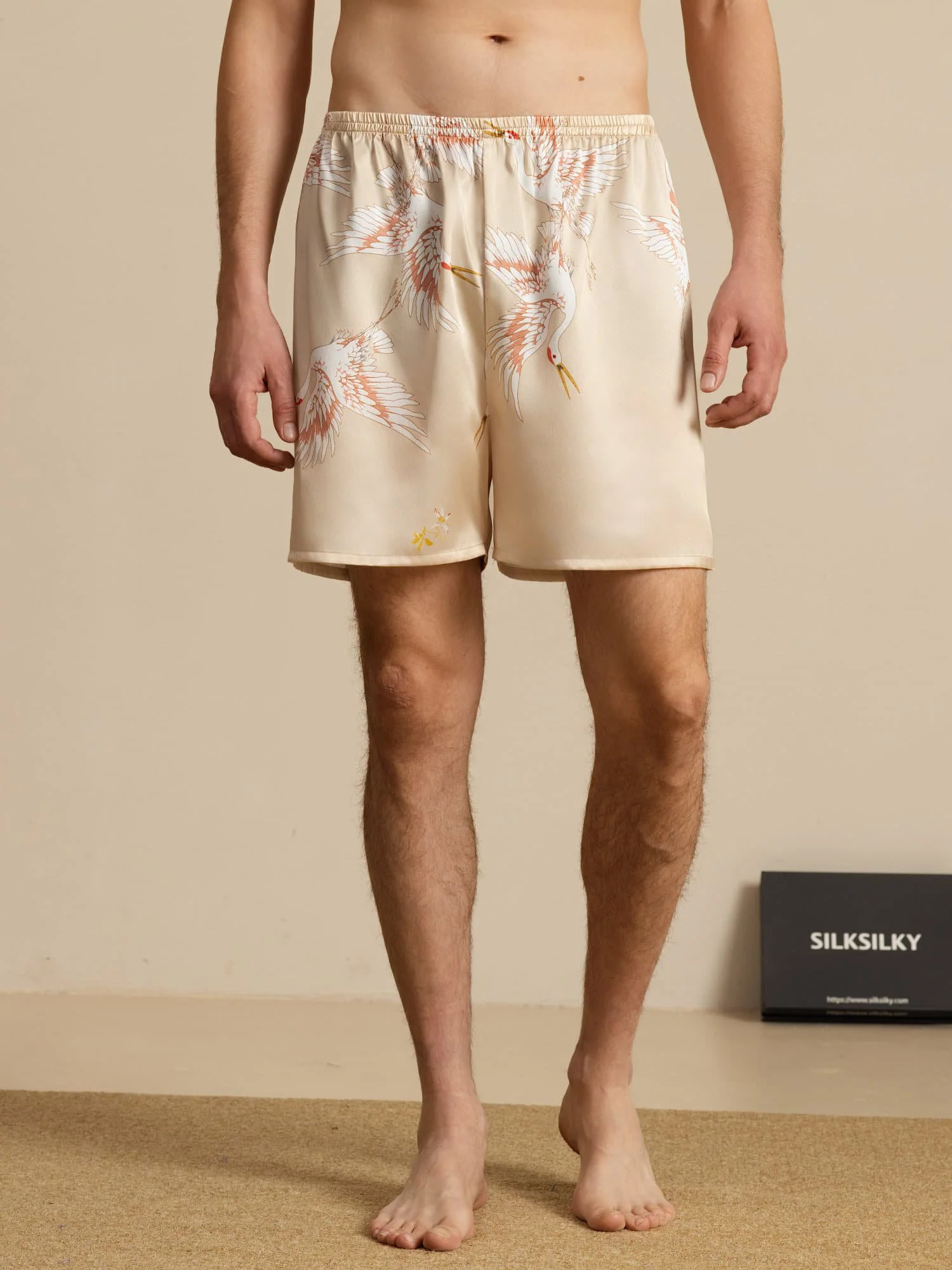 19Momme Ren Silke Herre Søvnshorts Krane Tryk Elastisk Talje - Image 21