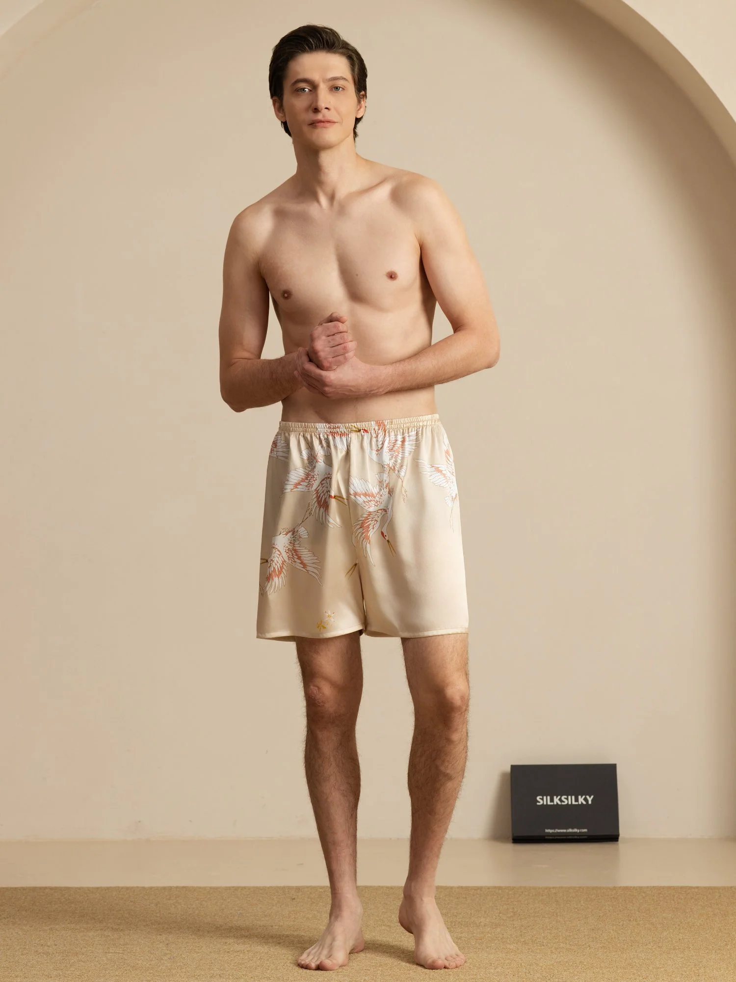 19Momme Ren Silke Herre Søvnshorts Krane Tryk Elastisk Talje - Image 24