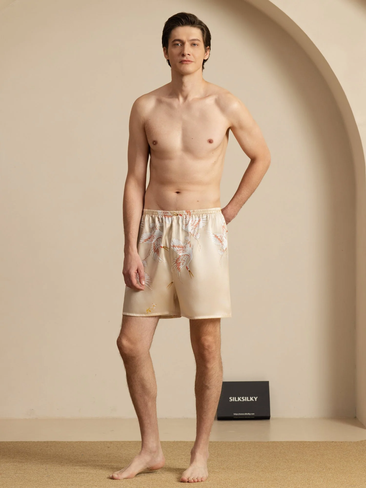 19Momme Ren Silke Herre Søvnshorts Krane Tryk Elastisk Talje - Image 26