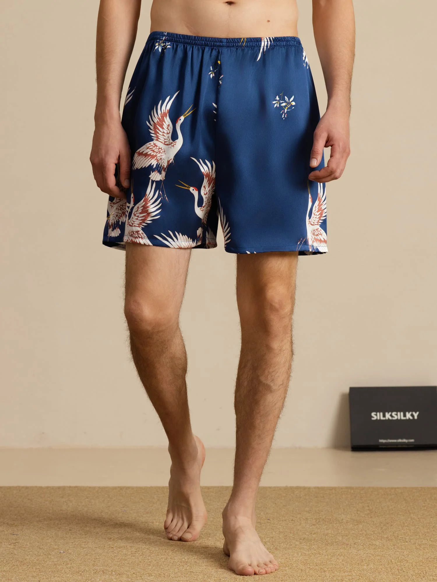 19Momme Ren Silke Herre Søvnshorts Krane Tryk Elastisk Talje - Image 3