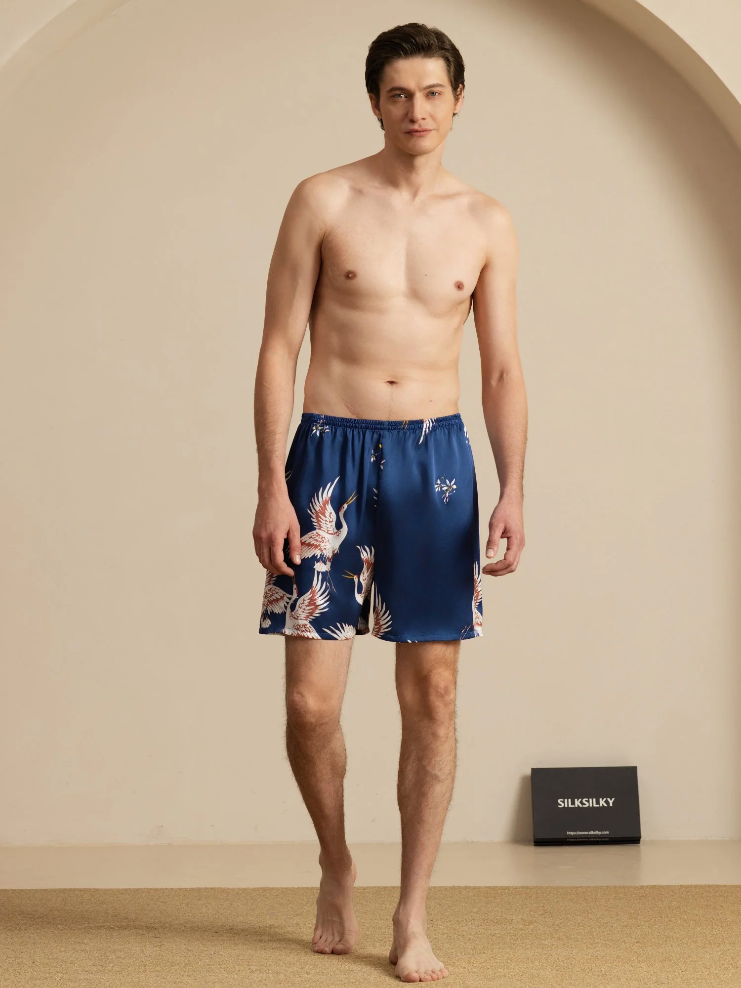 19Momme Ren Silke Herre Søvnshorts Krane Tryk Elastisk Talje - Image 5