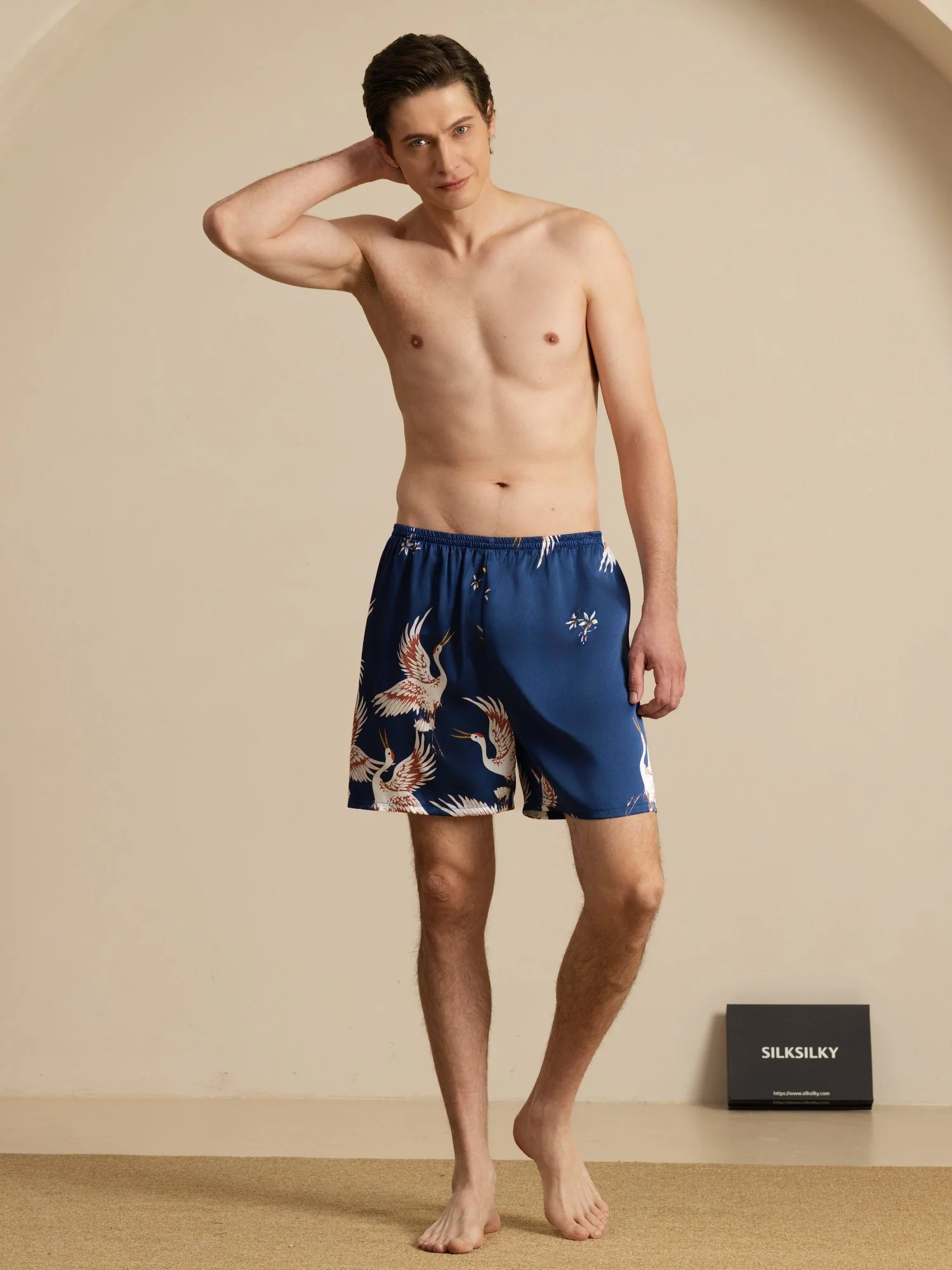 19Momme Ren Silke Herre Søvnshorts Krane Tryk Elastisk Talje - Image 6