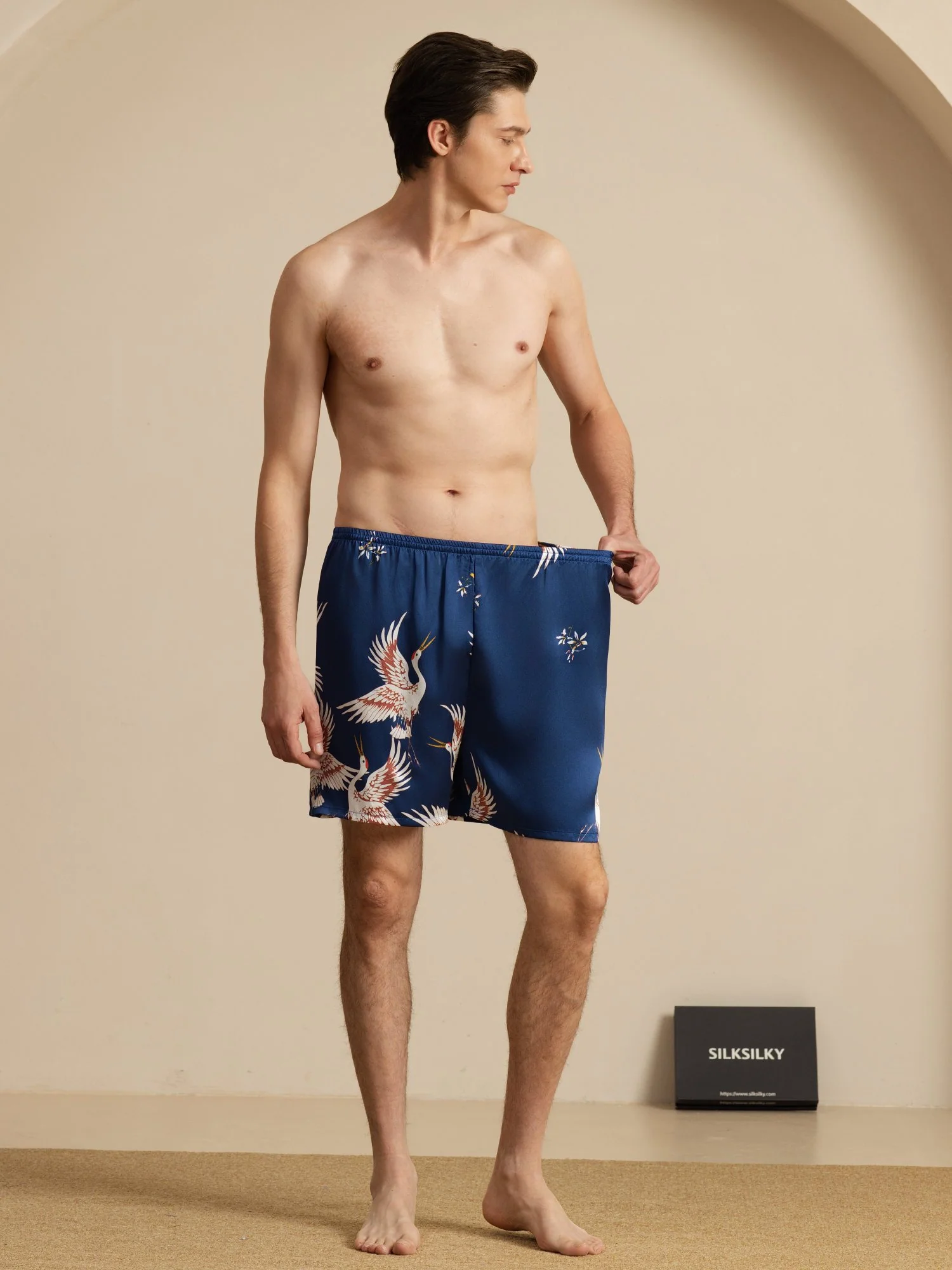 19Momme Ren Silke Herre Søvnshorts Krane Tryk Elastisk Talje - Image 7