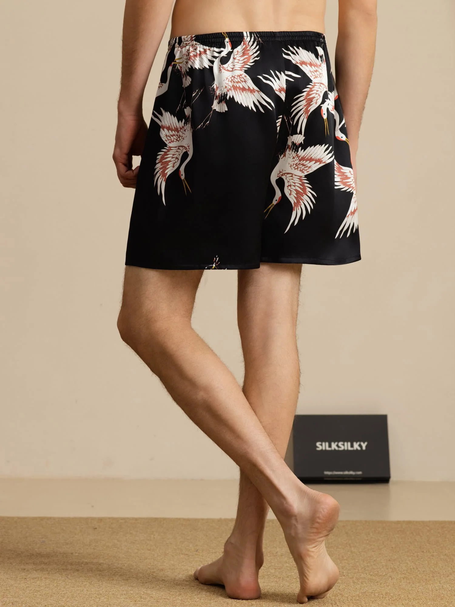 19Momme Ren Silke Herre Søvnshorts Krane Tryk Elastisk Talje - Image 9