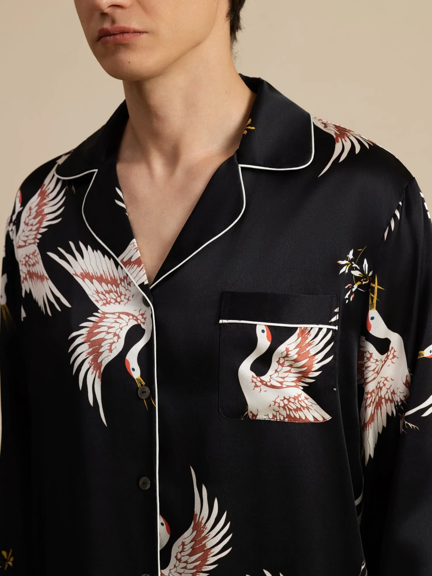 19Momme Ren Silke Herre Kraneprint Langærmet Notch Krave Pyjamas Sæt - Image 13