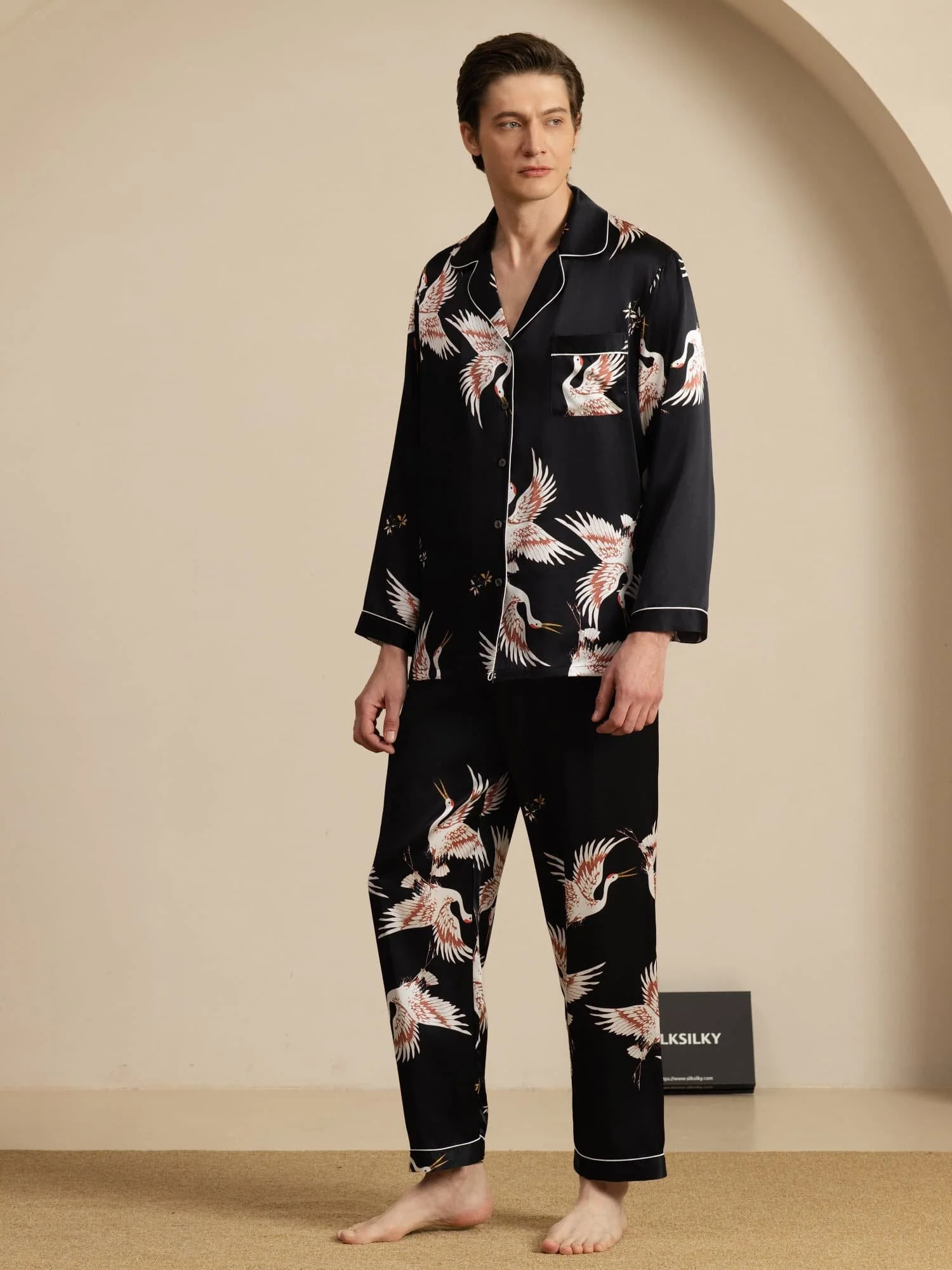 19Momme Ren Silke Herre Kraneprint Langærmet Notch Krave Pyjamas Sæt - Image 14