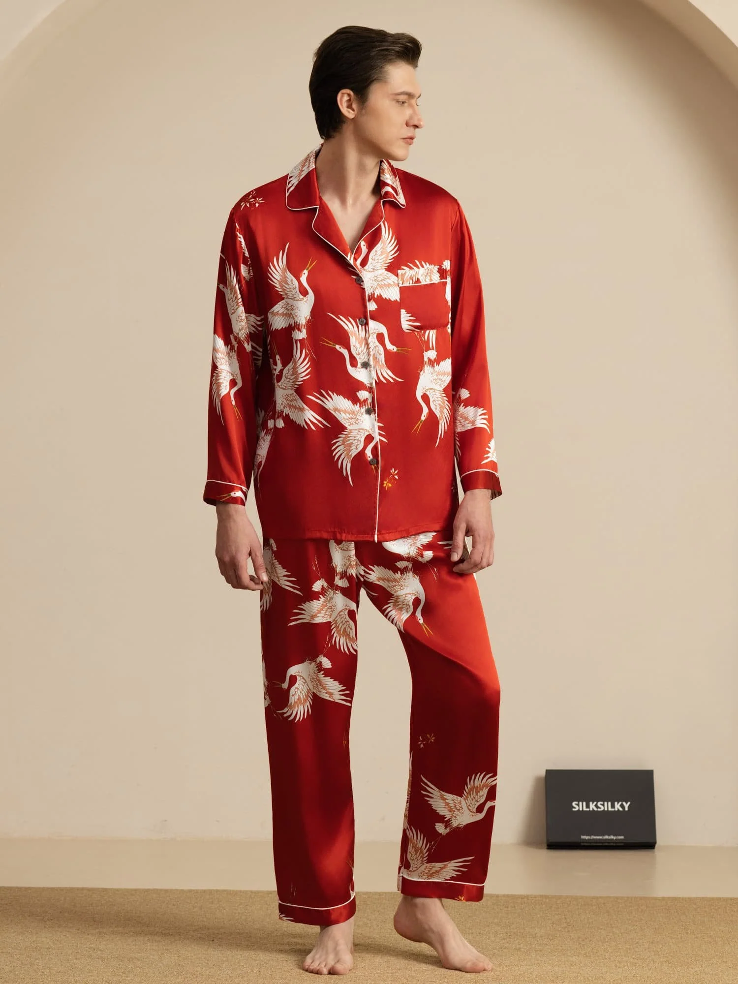 19Momme Ren Silke Herre Kraneprint Langærmet Notch Krave Pyjamas Sæt - Image 17