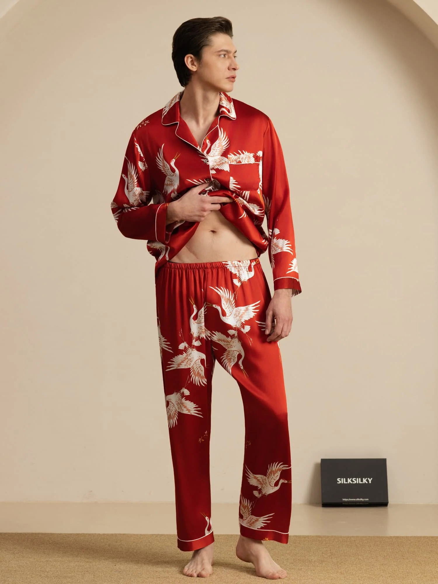 19Momme Ren Silke Herre Kraneprint Langærmet Notch Krave Pyjamas Sæt - Image 21