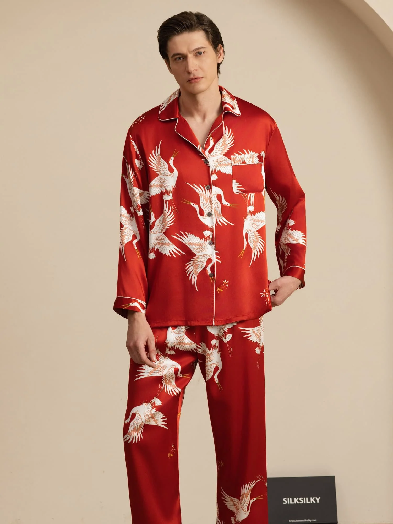 19Momme Ren Silke Herre Kraneprint Langærmet Notch Krave Pyjamas Sæt - Image 22