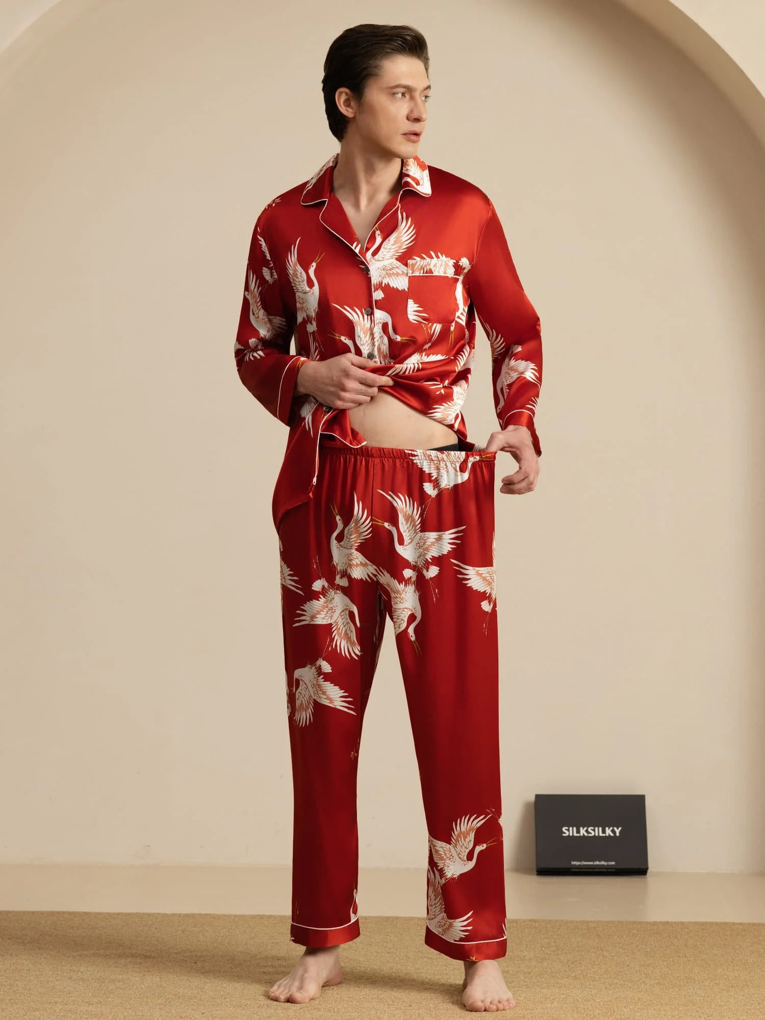 19Momme Ren Silke Herre Kraneprint Langærmet Notch Krave Pyjamas Sæt - Image 24