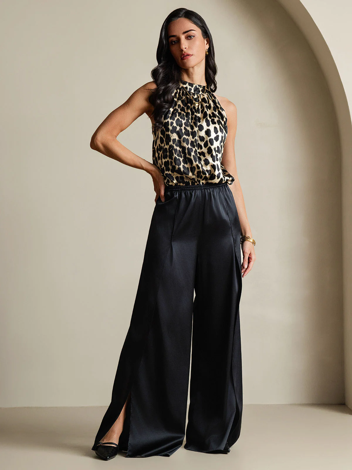 19Momme Ærmeløs Silketop Til Kvinder Med Halterneck Og Leopardprint - Image 7