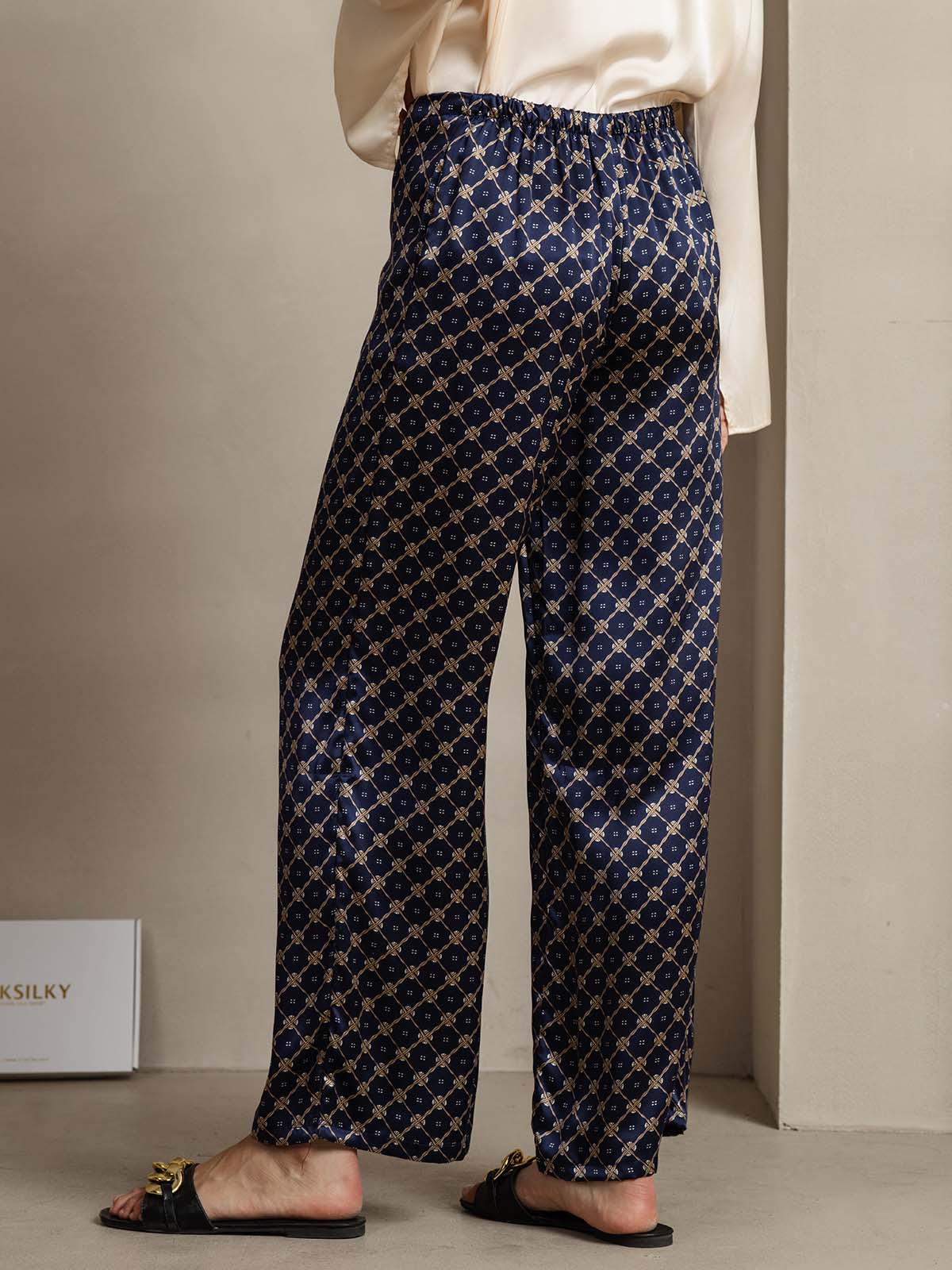 19Momme Silke Marineblå Chain Print Vide Damebukser Med Sidelommer Design - Image 2