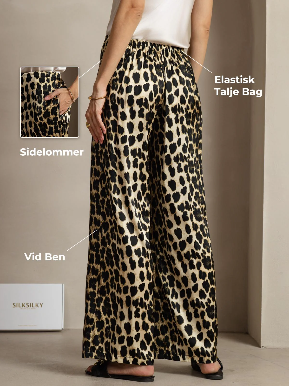 19Momme Silke Leopardprint Vide Damebukser Med Sidelommer Design