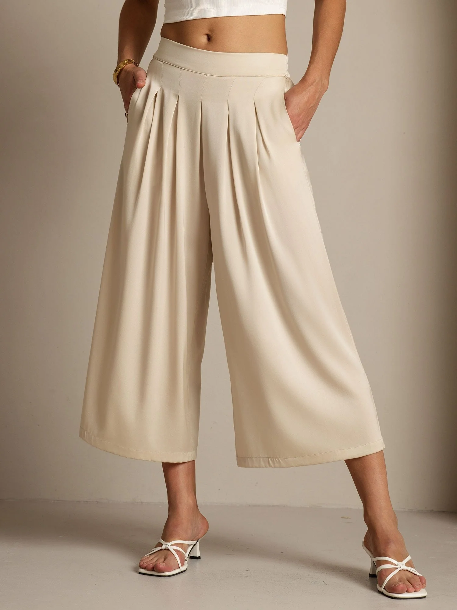 Dame 19Momme Silke Høj Talje Plisseret Vide Ben Capri Bukser - Image 8