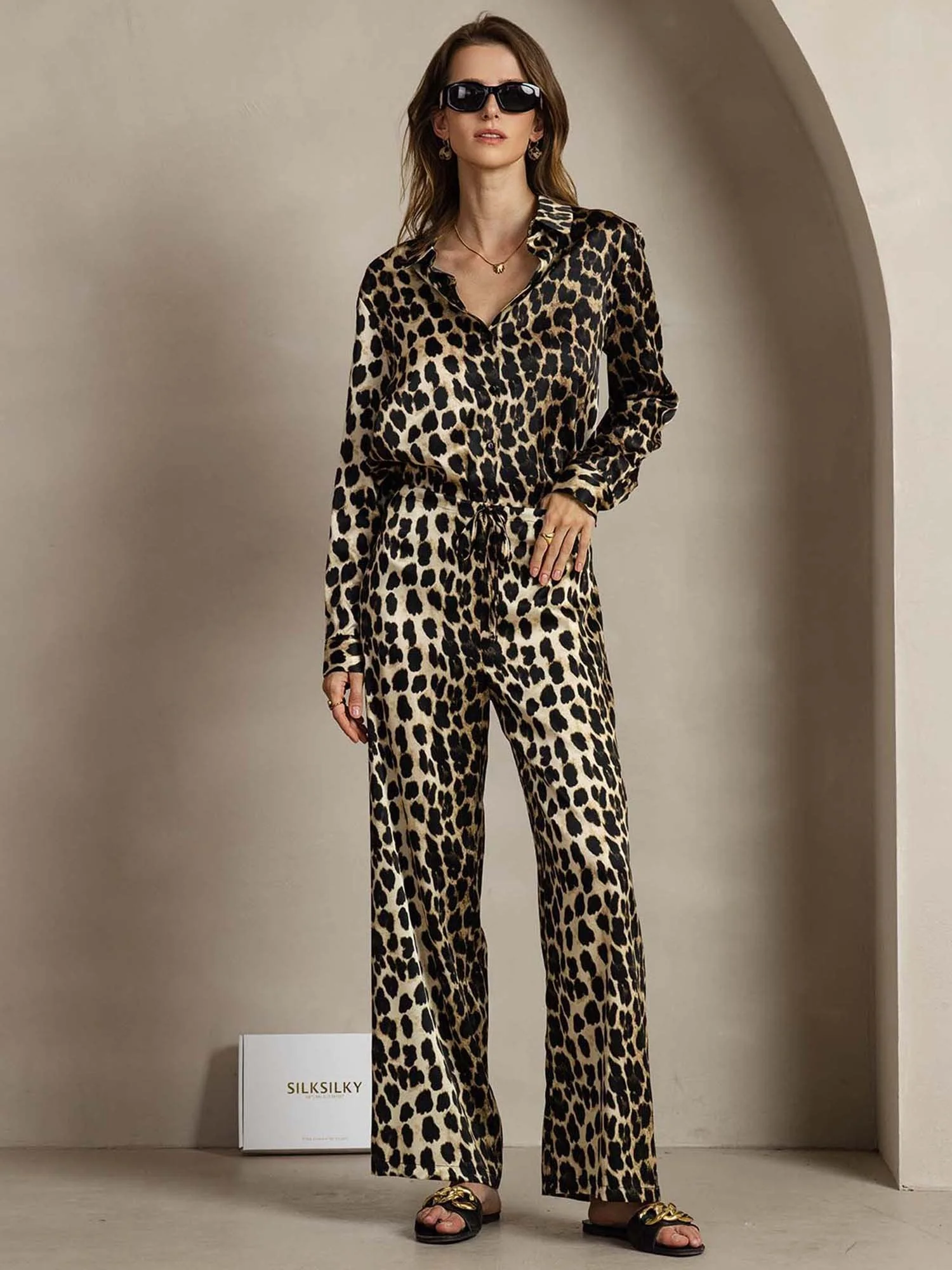 19Momme Kvinder Silke Leopard Print Knappeløs Skjorte Og Vide Bukser Sæt