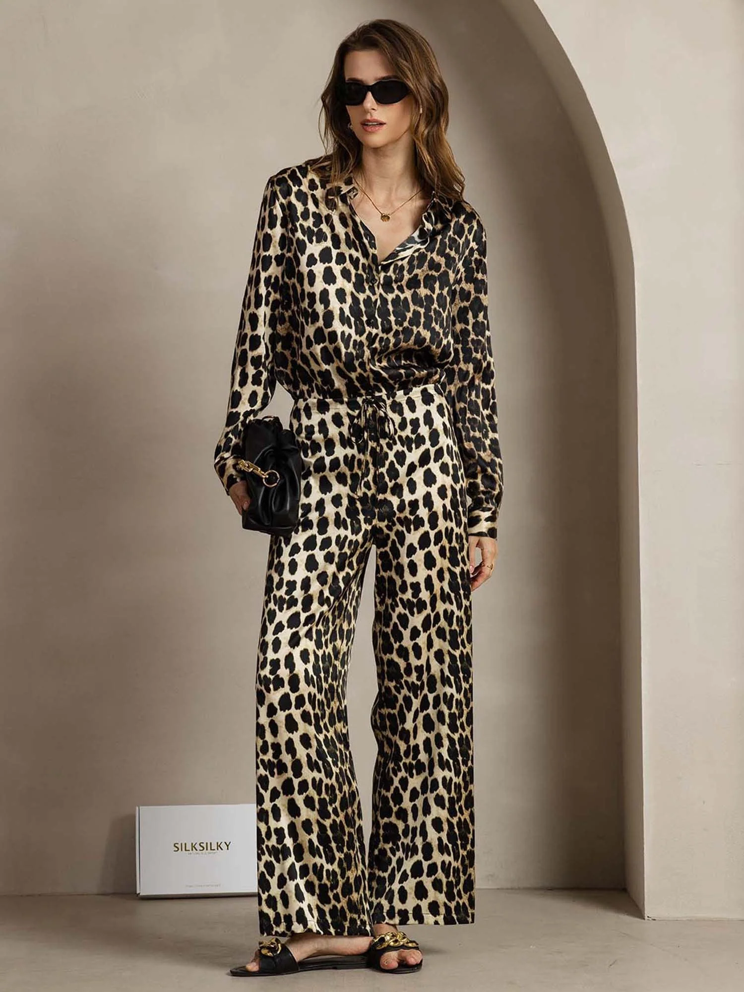 19Momme Kvinder Silke Leopard Print Knappeløs Skjorte Og Vide Bukser Sæt - Image 5