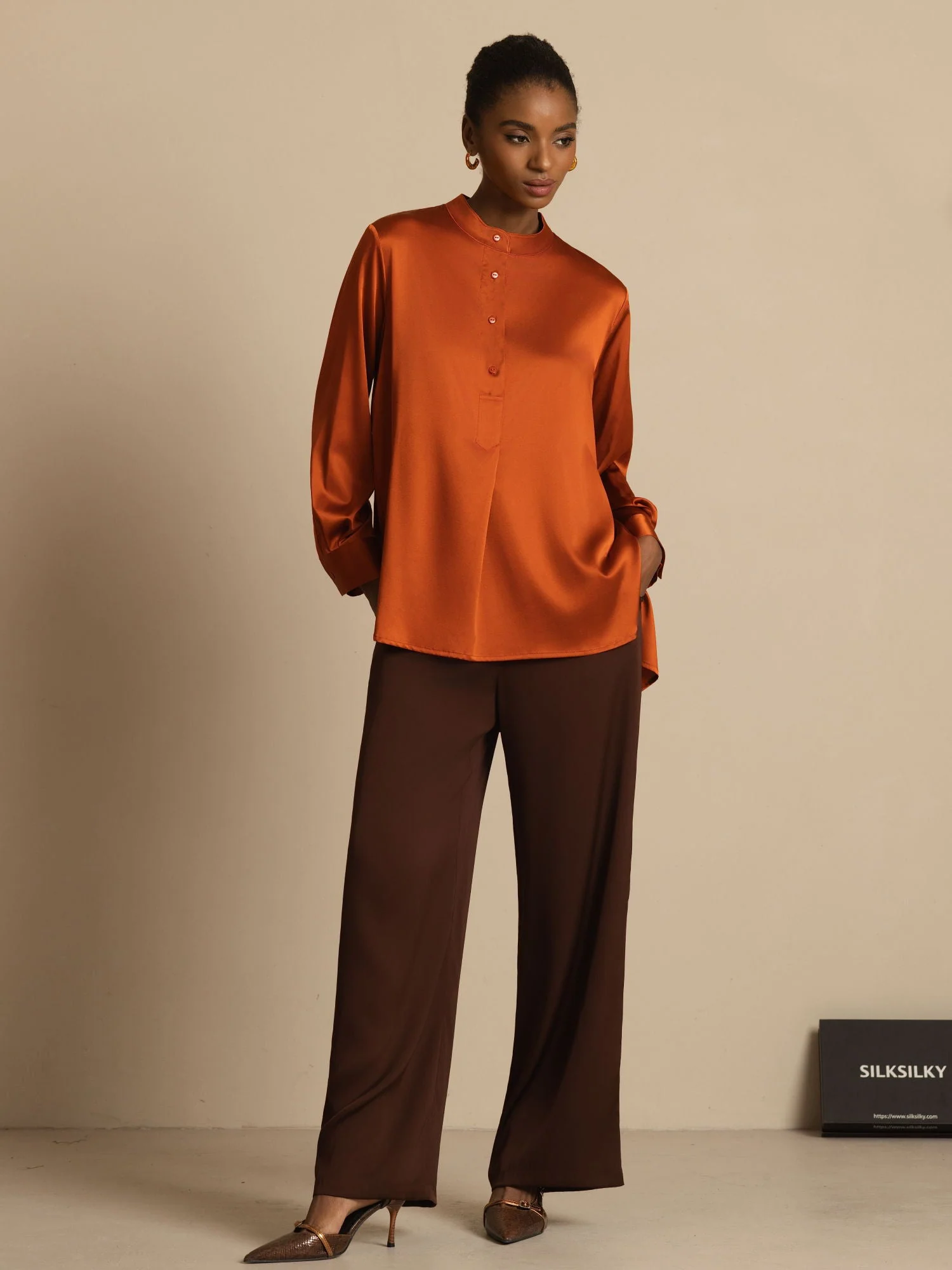 19Momme silke dame Stand Collar High-Low bluse med knapdetaljer - Image 14