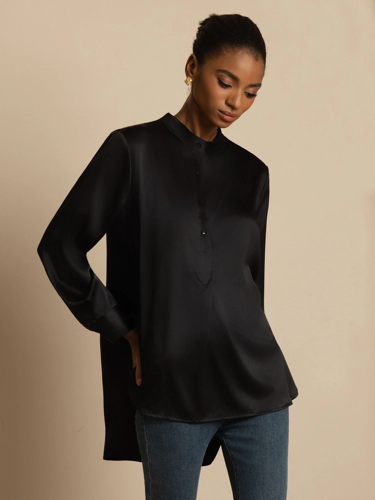 19Momme silke dame Stand Collar High-Low bluse med knapdetaljer - Image 17