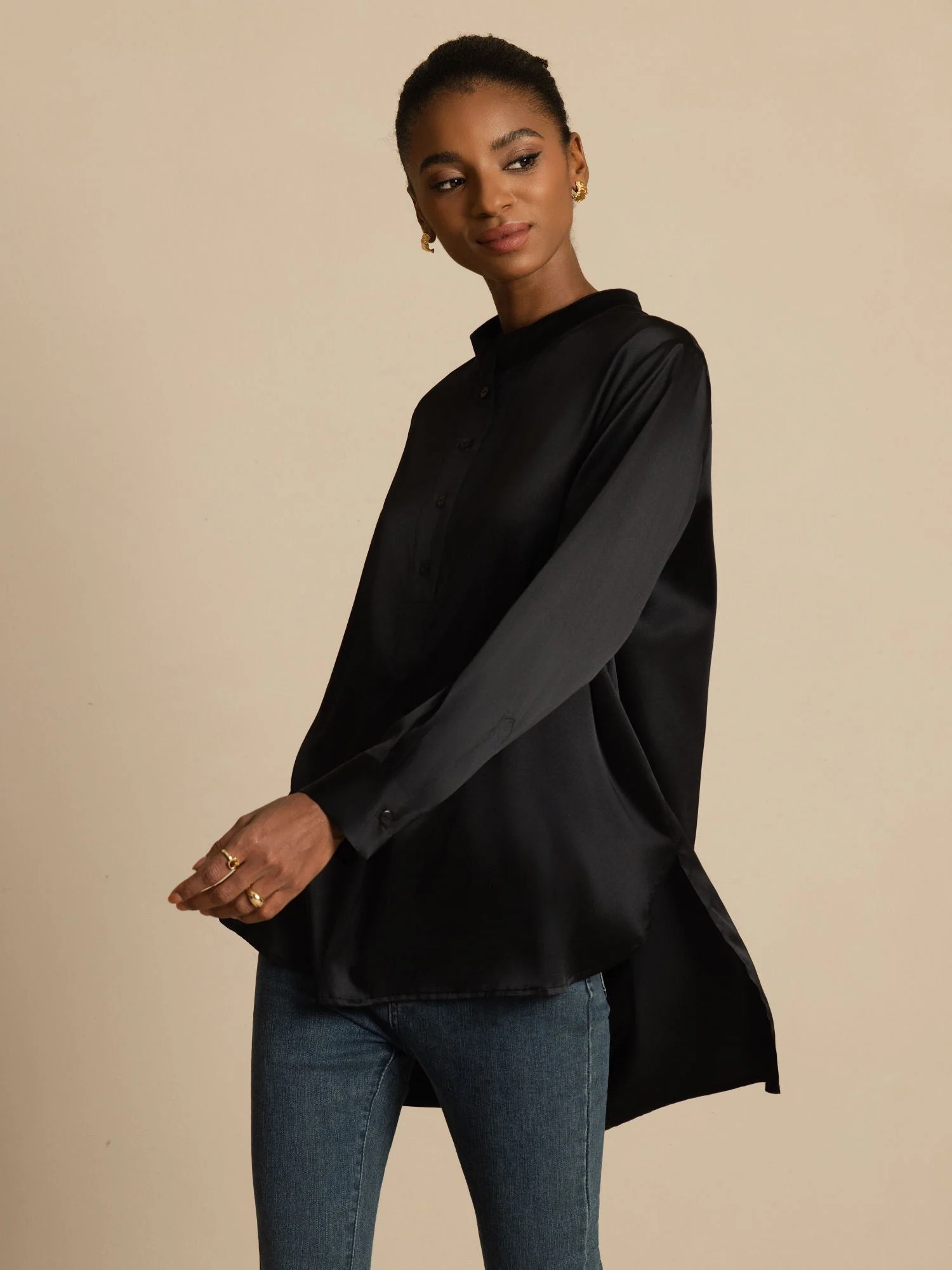 19Momme silke dame Stand Collar High-Low bluse med knapdetaljer - Image 19