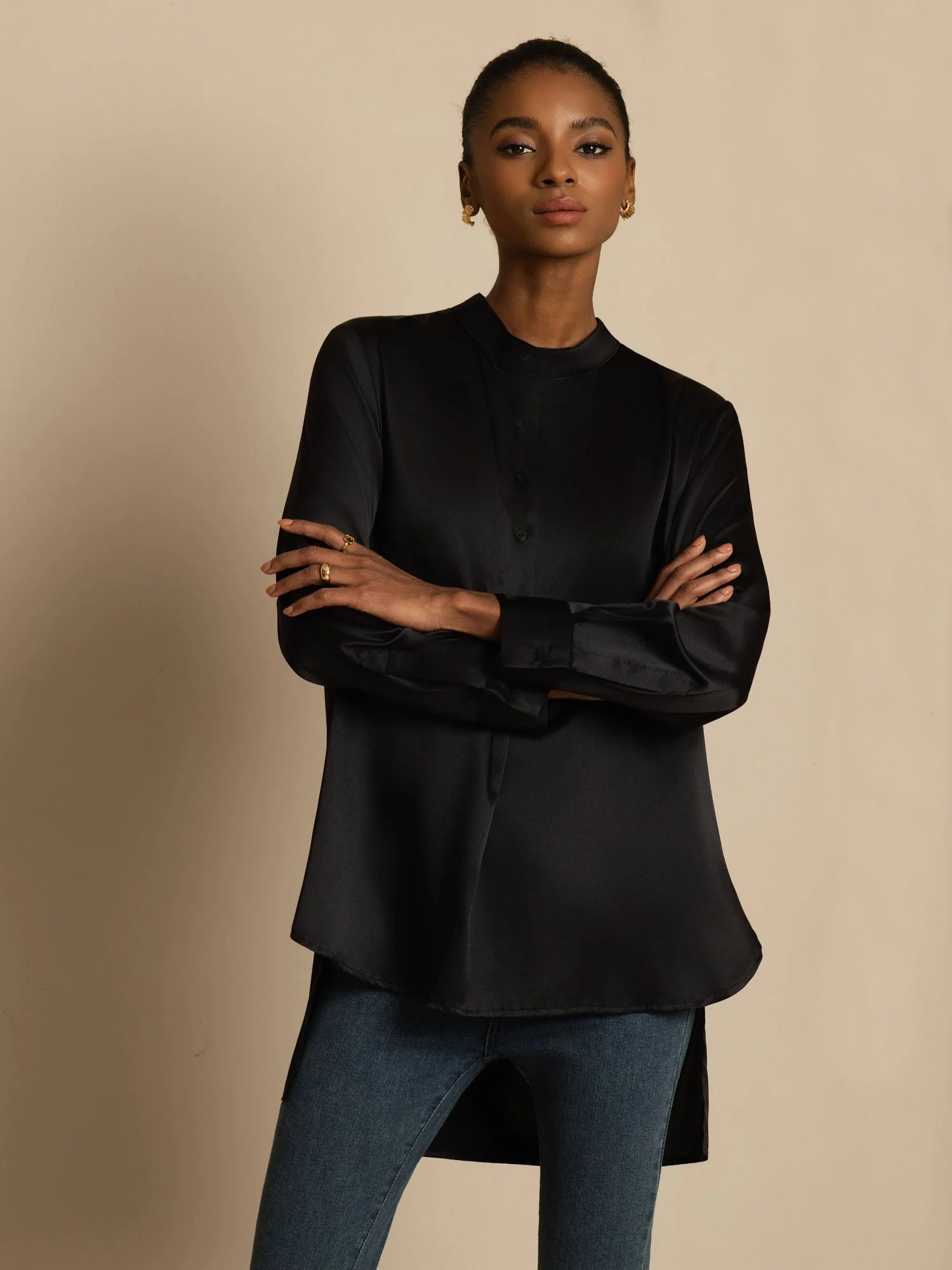 19Momme silke dame Stand Collar High-Low bluse med knapdetaljer - Image 20