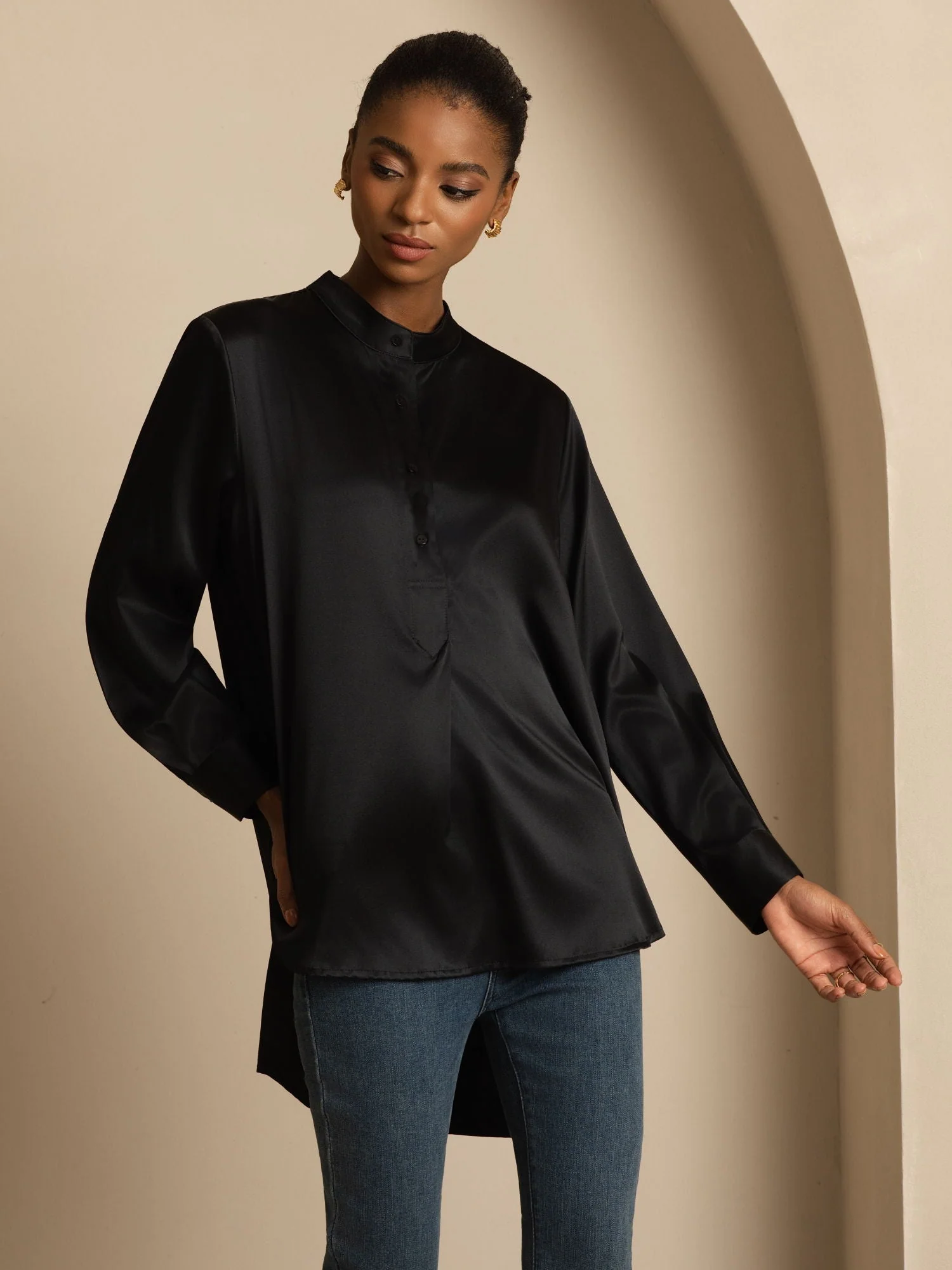 19Momme silke dame Stand Collar High-Low bluse med knapdetaljer - Image 21