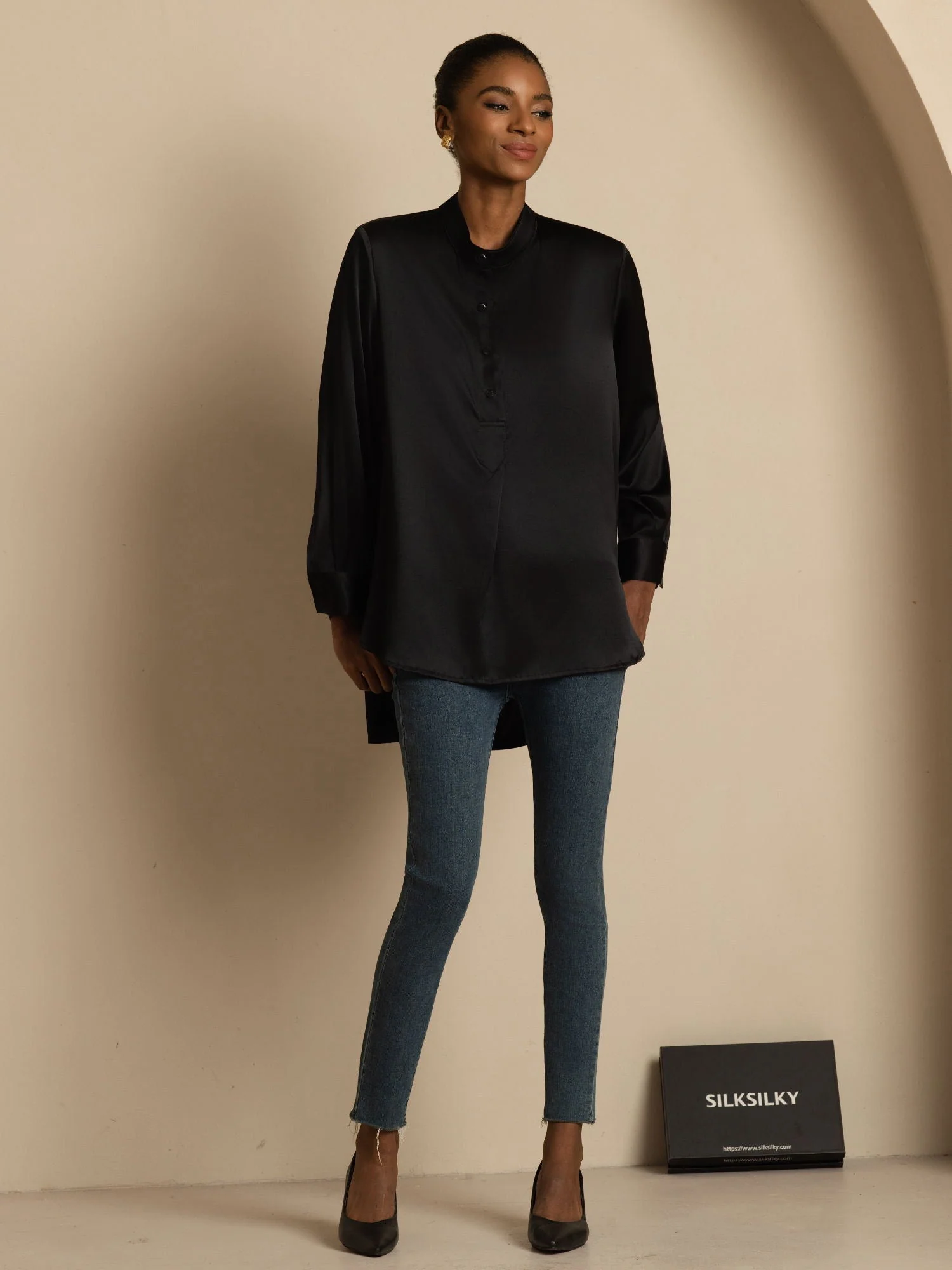 19Momme silke dame Stand Collar High-Low bluse med knapdetaljer - Image 22