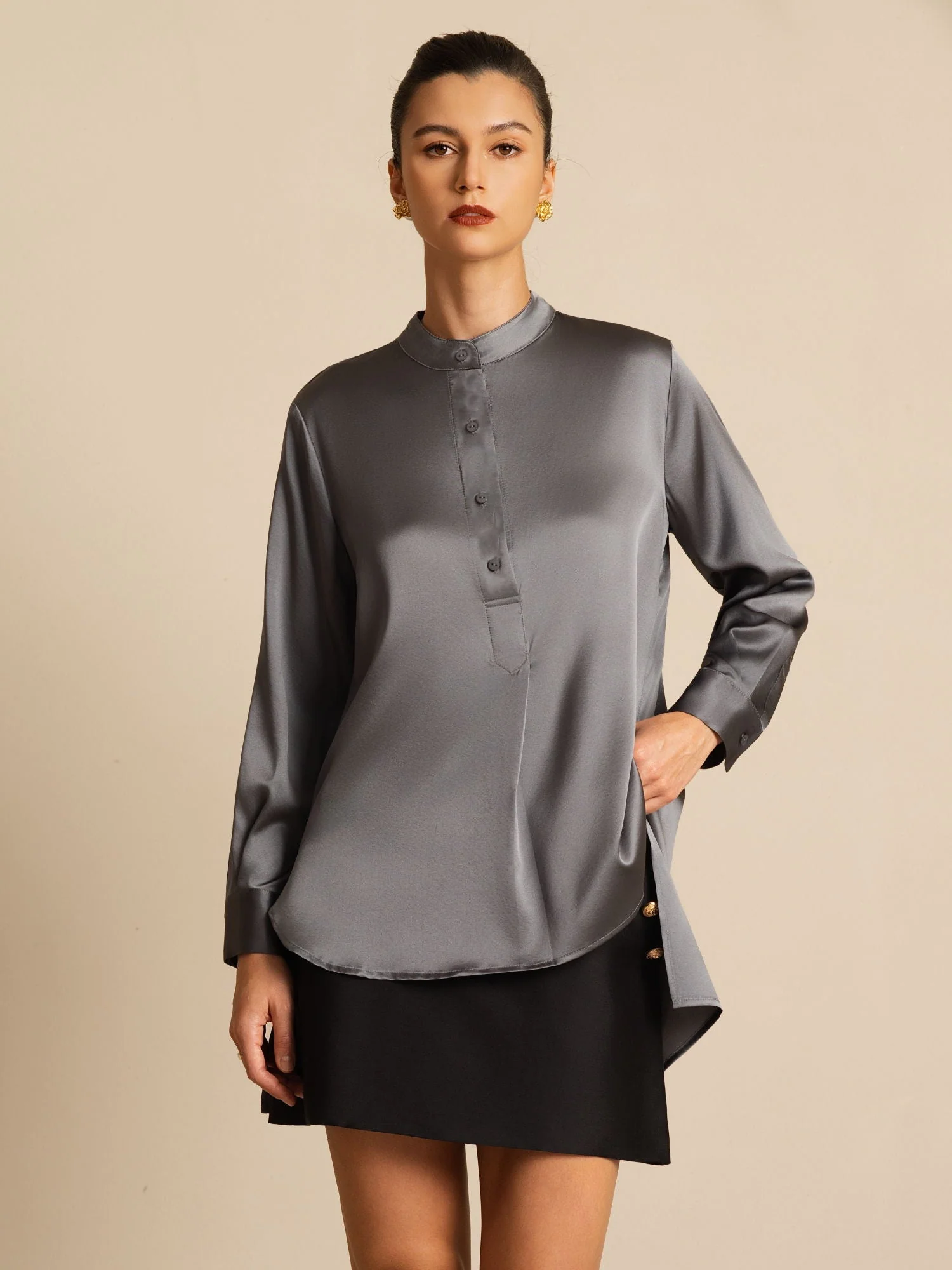 19Momme silke dame Stand Collar High-Low bluse med knapdetaljer - Image 23