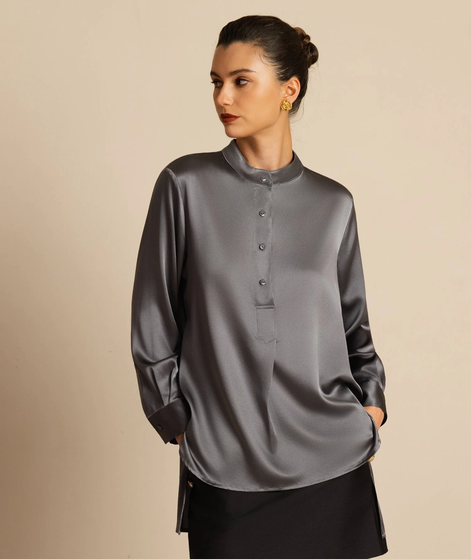 19Momme silke dame Stand Collar High-Low bluse med knapdetaljer - Image 25