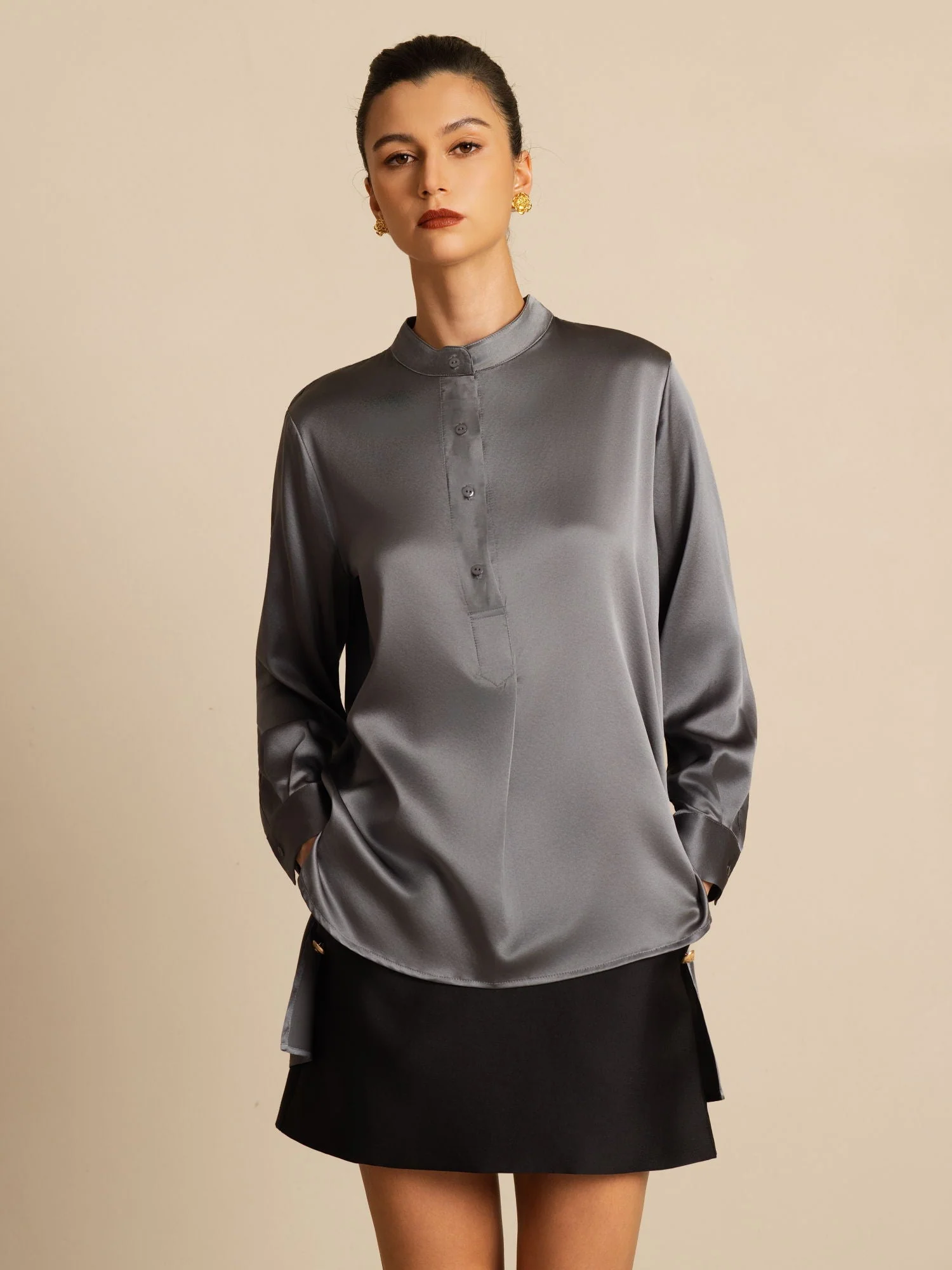19Momme silke dame Stand Collar High-Low bluse med knapdetaljer - Image 26