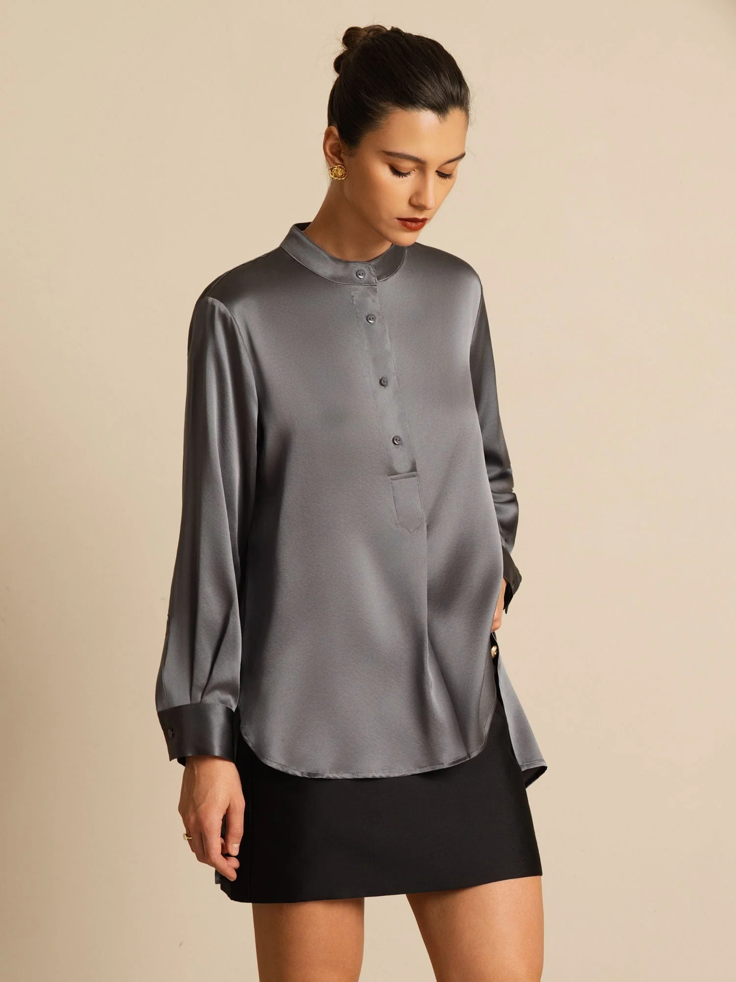 19Momme silke dame Stand Collar High-Low bluse med knapdetaljer - Image 27