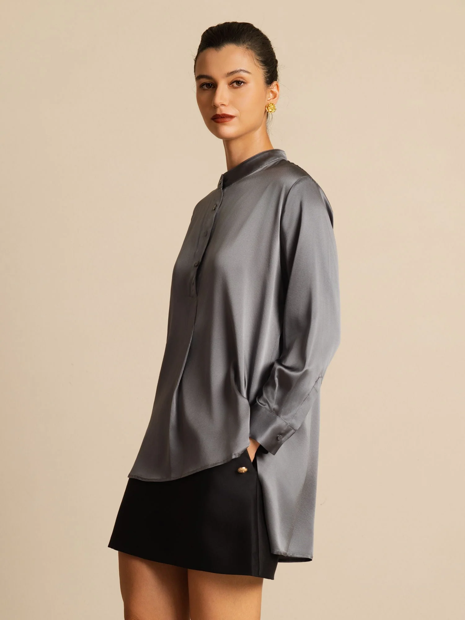 19Momme silke dame Stand Collar High-Low bluse med knapdetaljer - Image 28